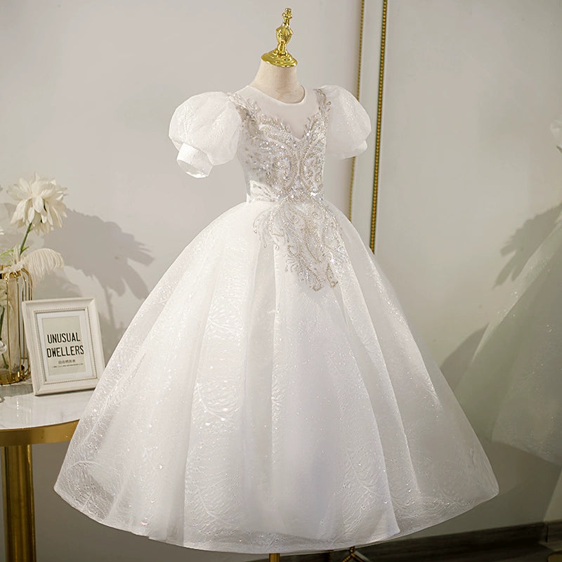 Princess Round Floor Length Tulle Flower Girl Dress in White - Perfect for Weddings, Pageants & Special Occasions