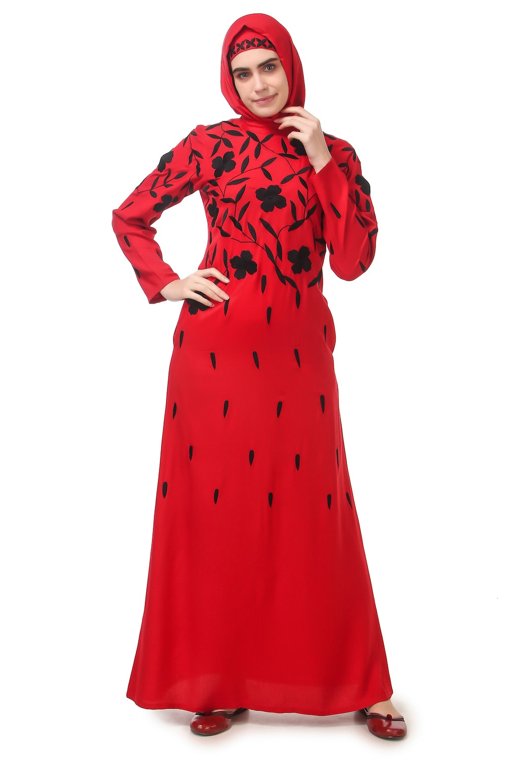 Elegant Black Floral Embroidery Red Rayon Abaya Dress for Women - Perfect for Eid, Ramadan, Wedding & Special Occasions