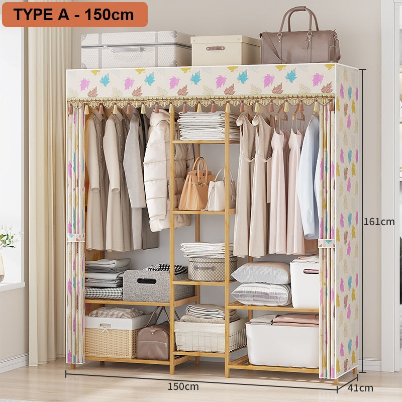 150cm Wide Bamboo Clothes Rack - Garment Closet Organizer with Hanging Rail & Dustproof Fabric Cover for Bedroom, Closet, Laundry Room Storage