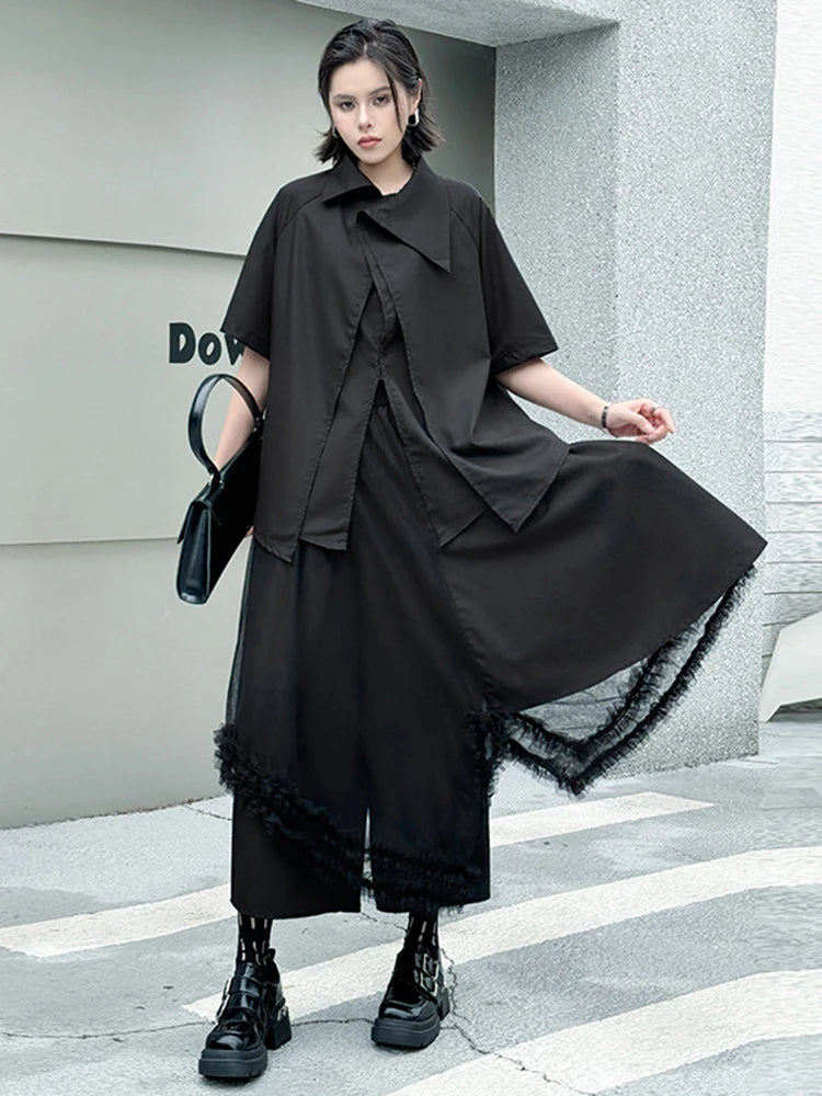 Oversized Black Asymmetrical Mesh Pantsuit Set - Fashionable Lapel Short Sleeve Two Piece Outfit for Women | Spring Summer 2025 Trendy Streetwear | Perfect for Casual Wear, Night Out & Fashion Events