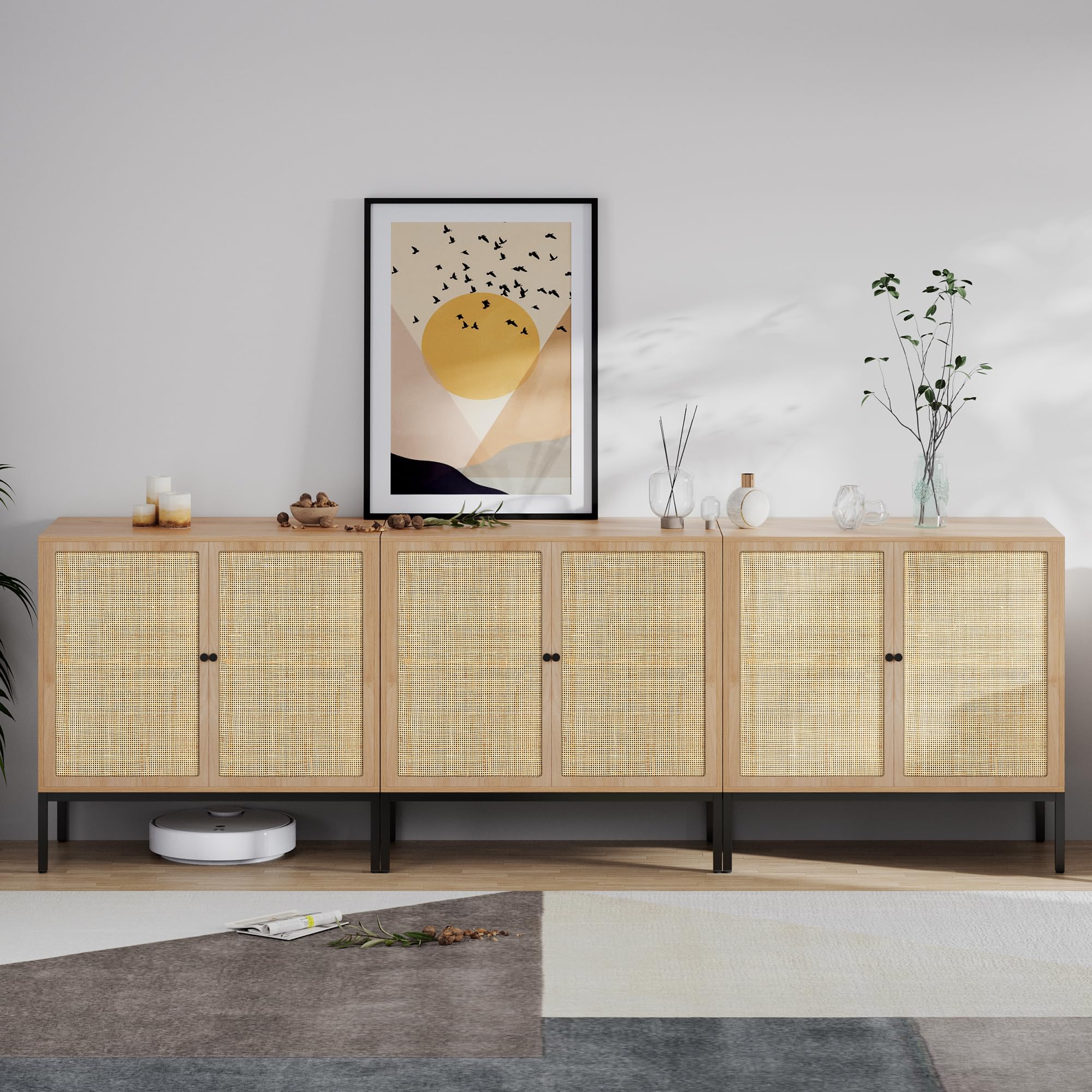 XIAO WEI 3-Piece Rattan Sideboard Cabinet with Hand-Woven Natural Rattan Doors - Storage Buffet Console Table for Kitchen, Living Room, Hallway & Entryway - Natural Finish with Metal Legs | Perfect for Farmhouse Decor, Dining Room Storage & Entryway Organization