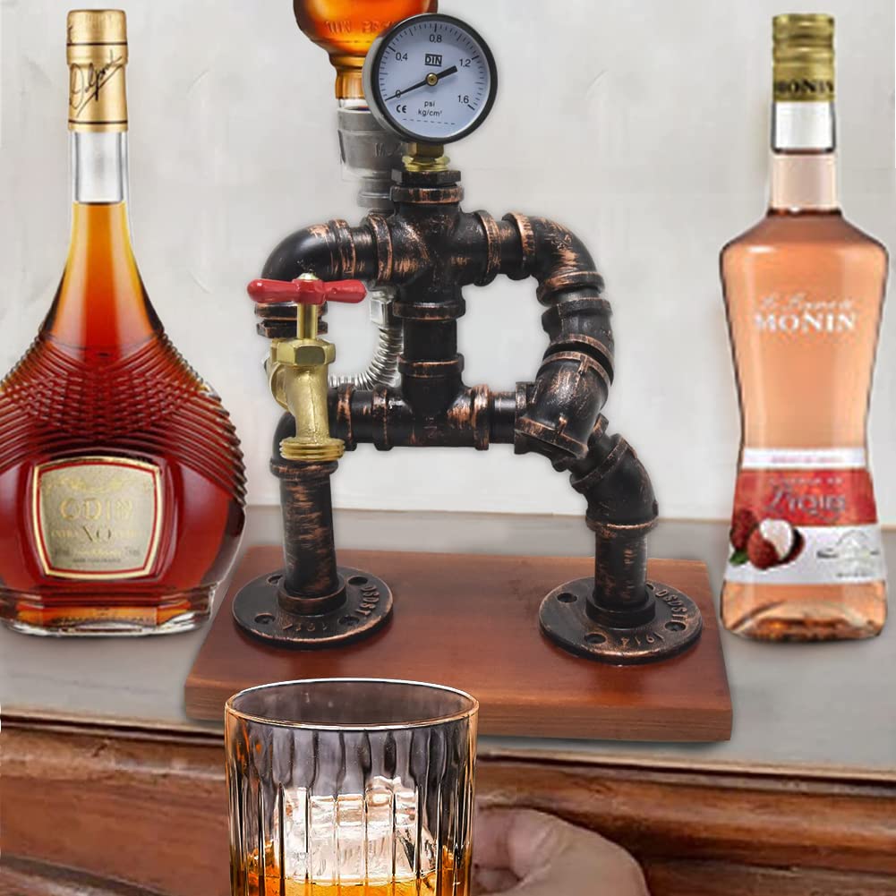 Industrial Steampunk Whiskey Table Lamp with Alcohol Dispenser - Personalized Wooden Bar Stand for Liquor & Drink Dispensing | Perfect for Home Bars, Man Caves & Themed Parties