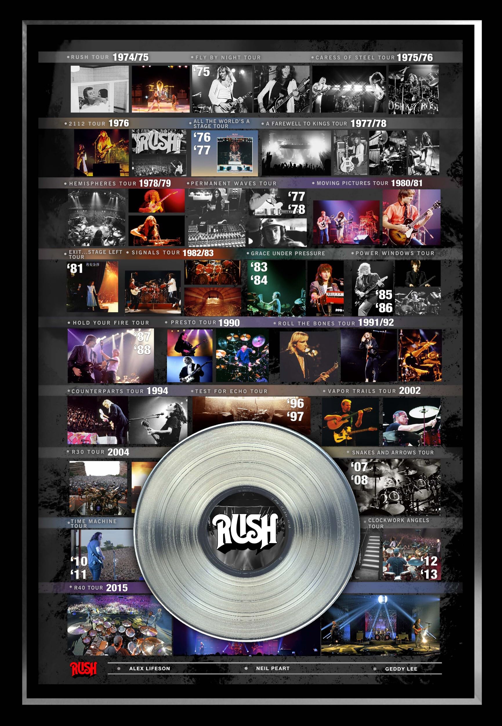 Rush Framed Tour History Collage - Vintage Band Memorabilia for Music Fans & Home Decor | Perfect for Living Room, Man Cave, or Gift for Rock Music Lovers
