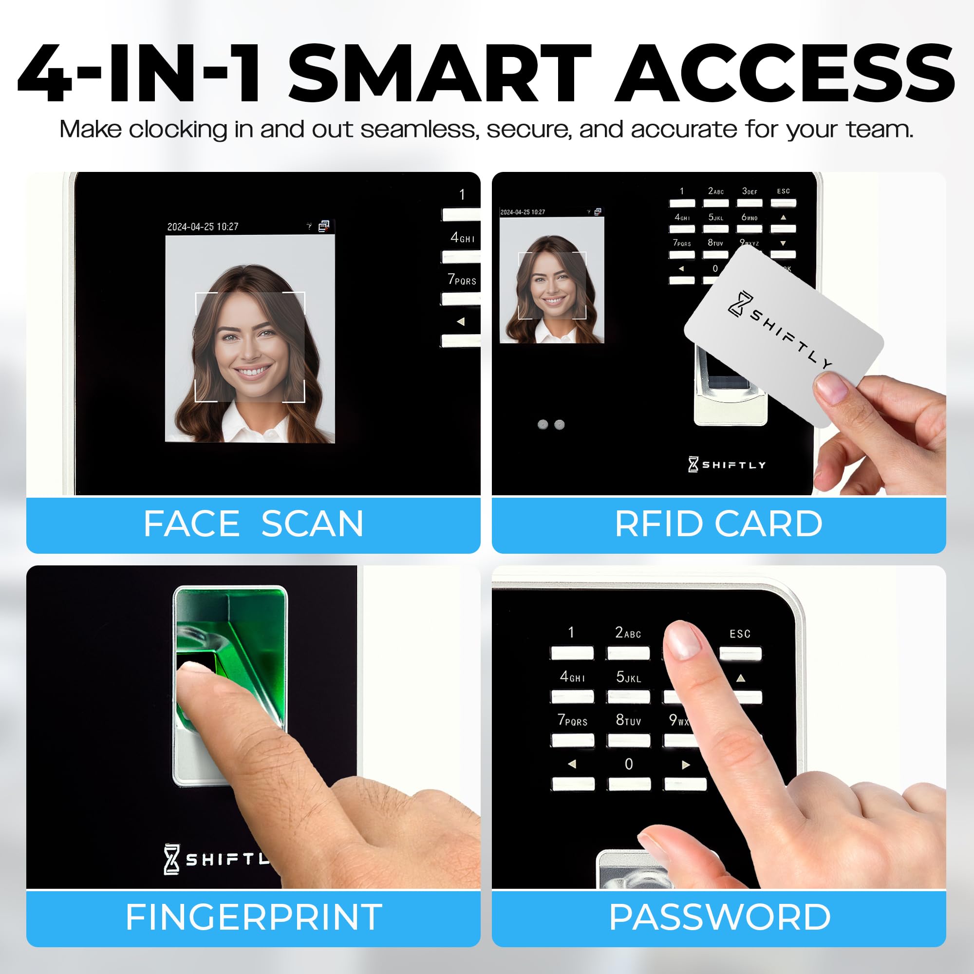 Biometric Employee Time Clock for Small Businesses - Facial & Fingerprint Recognition, RFID Card & Passcode - 200 User Capacity - 2.8