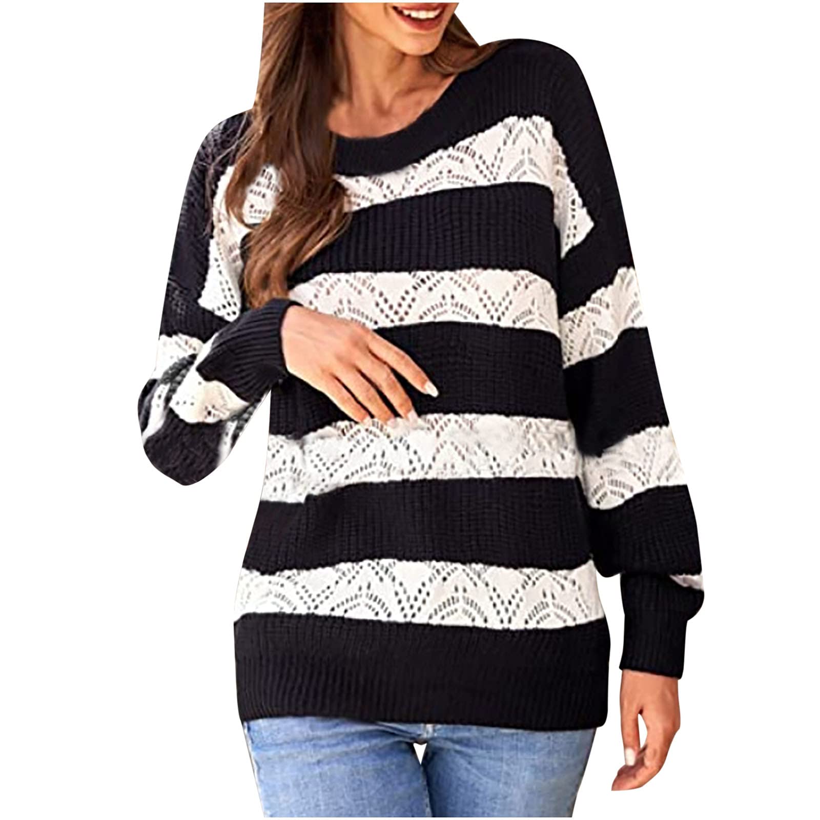 TUNUSKAT Women's Fashion Cutout Sweater - Black & White Striped Hollow Knit Jumper Blouse with Drop Shoulder & Long Sleeve | Casual Wear, Office Outfit, Party Top