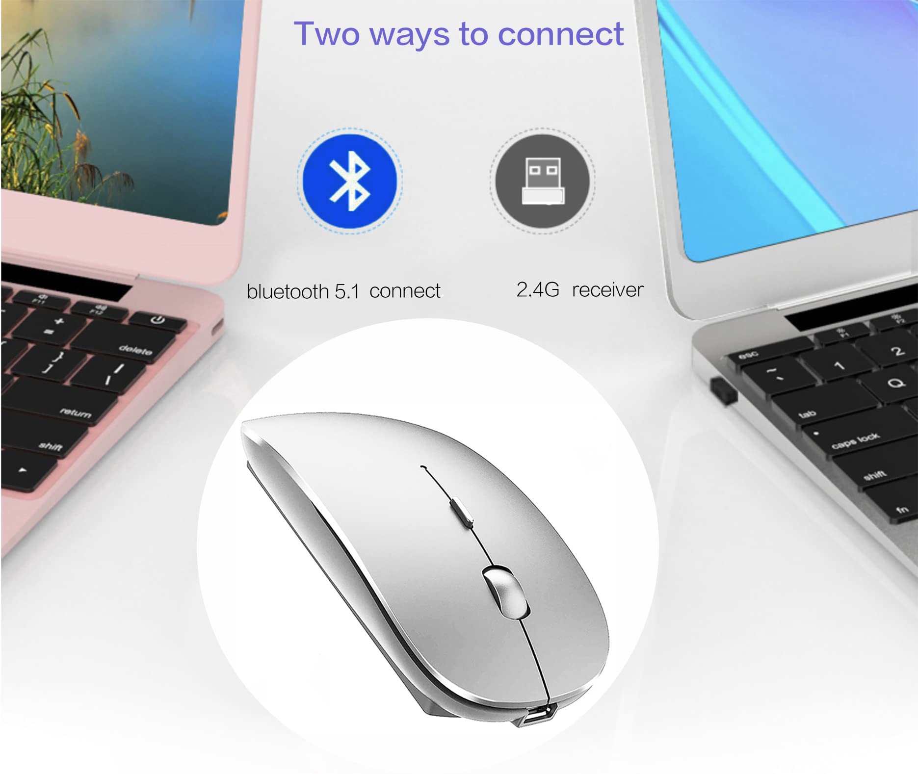 Wireless Bluetooth Mouse for Laptop, MacBook, iPad, PC - Compatible with MacBook Air/Pro, Windows, Chromebook (Silver) - Perfect for Office, Travel & Home Use