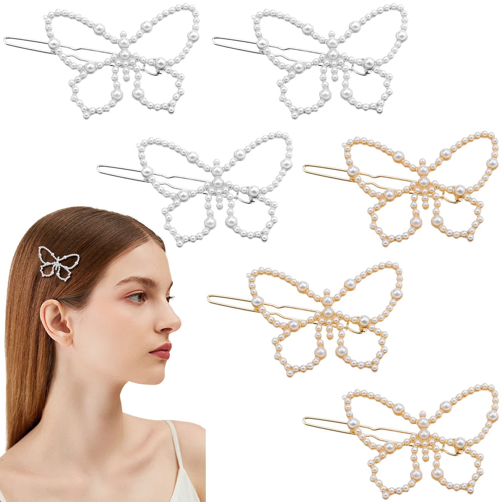 6 Pcs Pearl Butterfly Hair Clips - Elegant Hollow Hair Pins, Metal Butterfly Hair Barrettes for Women, Girls - Perfect for Weddings, Parties & Daily Hair Accessories