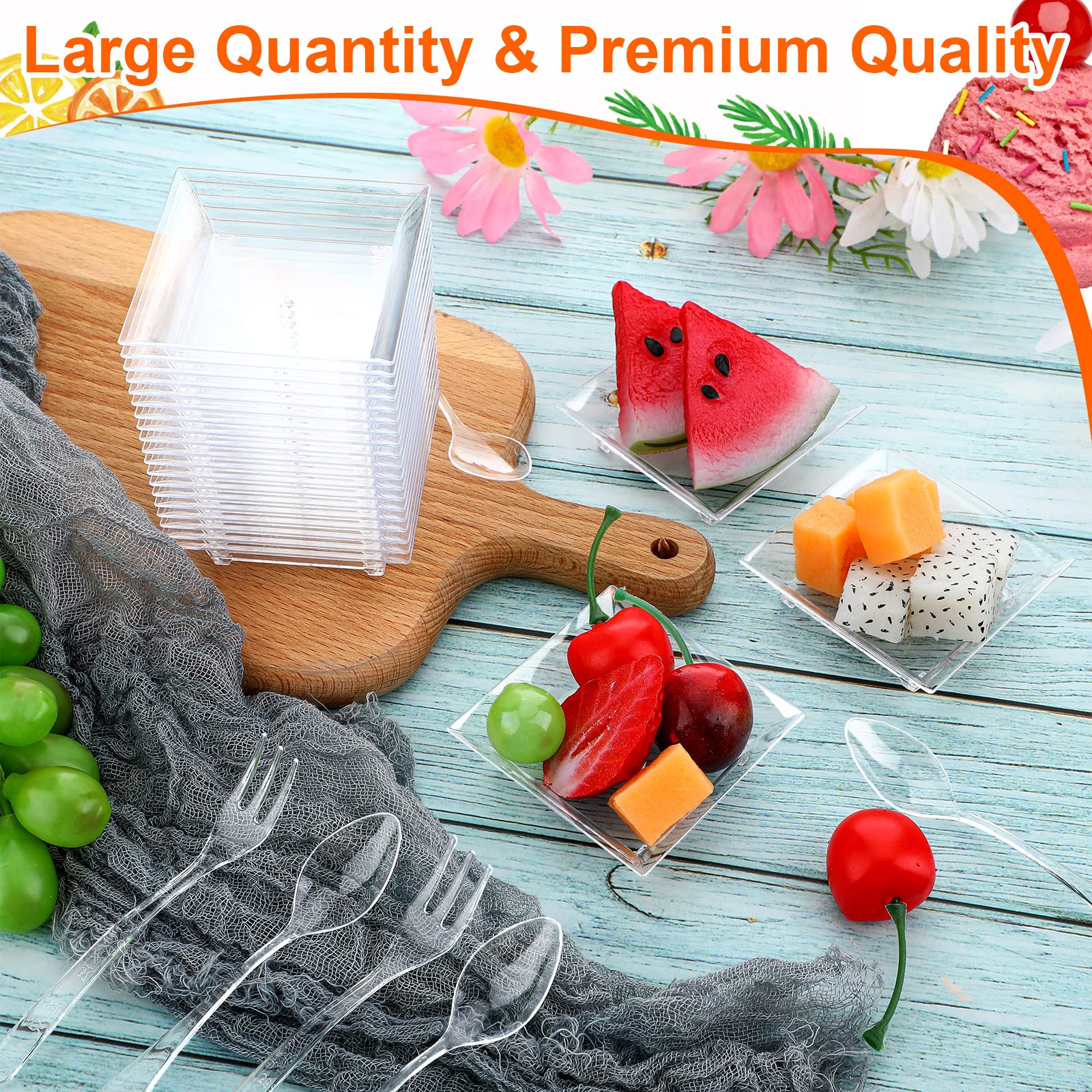 Meanplan 300 Pack Mini Appetizer Plates - Disposable Clear Plastic Dessert Plates with 150 Forks & 150 Spoons - Perfect for Wedding, Party, Baby Shower & Catering Events