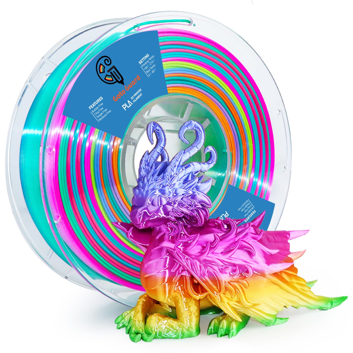 Goto Guard Rainbow Silk PLA Filament 1.75mm - Multicolor Changing Filament (Green, Blue, Purple, Pink, Yellow) 1kg Spool for 3D Printing | Perfect for Cosplay Props, Art Models & Creative DIY Projects