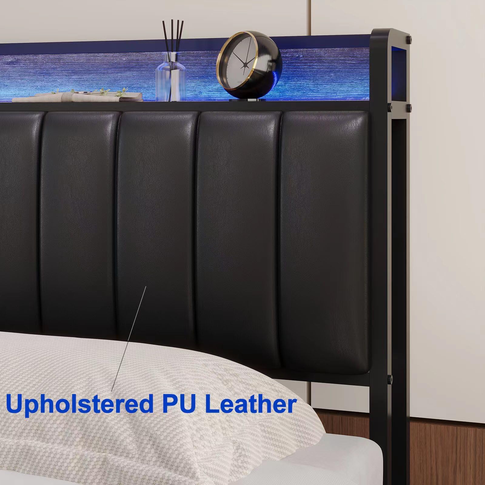 King Size Upholstered Headboard with LED Lights & USB Charging Station - Adjustable Height PU Leather Headboard for Bed Frame - Easy Assembly Sturdy Modern Bedroom Decor for Master Suite or Guest Room