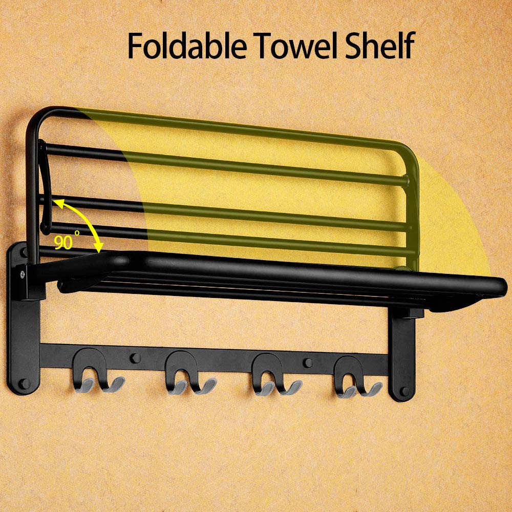 HOONEX Foldable Stainless Steel Towel Rack - 24 Inch Wall Mounted Bathroom Organizer with Adjustable Towel Bar & Hooks - Space Saving 304 Stainless Steel Towel Holder for Small Bathrooms, Laundry Rooms & RVs - Black