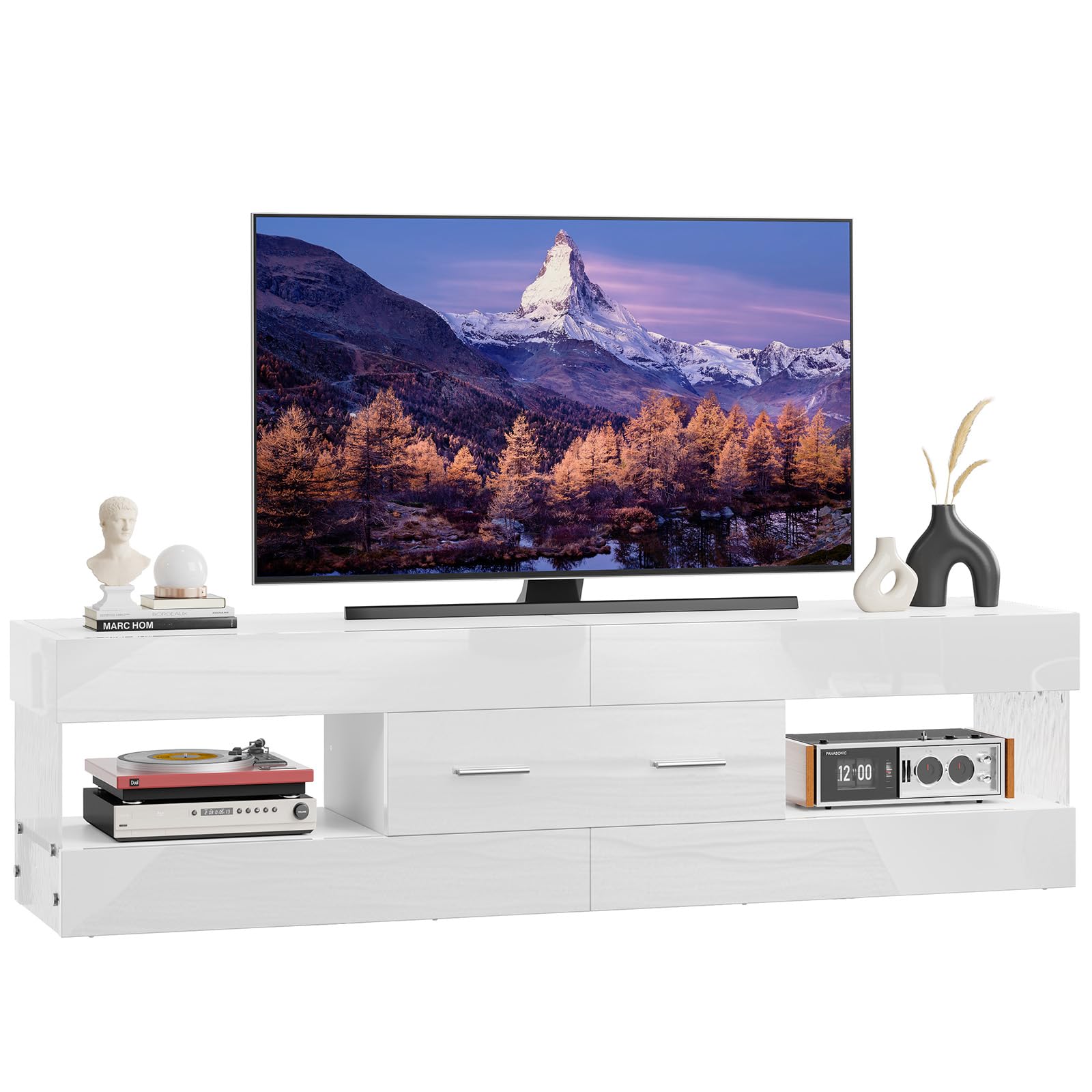 Bestier Modern TV Stand for 55-65 Inch TVs - High Gloss Entertainment Center with LED Lights, Stone-Patterned Side Panels & Large Storage Drawer - TV Console for Living Room, Bedroom (Glossy White) - Perfect for Home Theater Setup and Family Entertainment