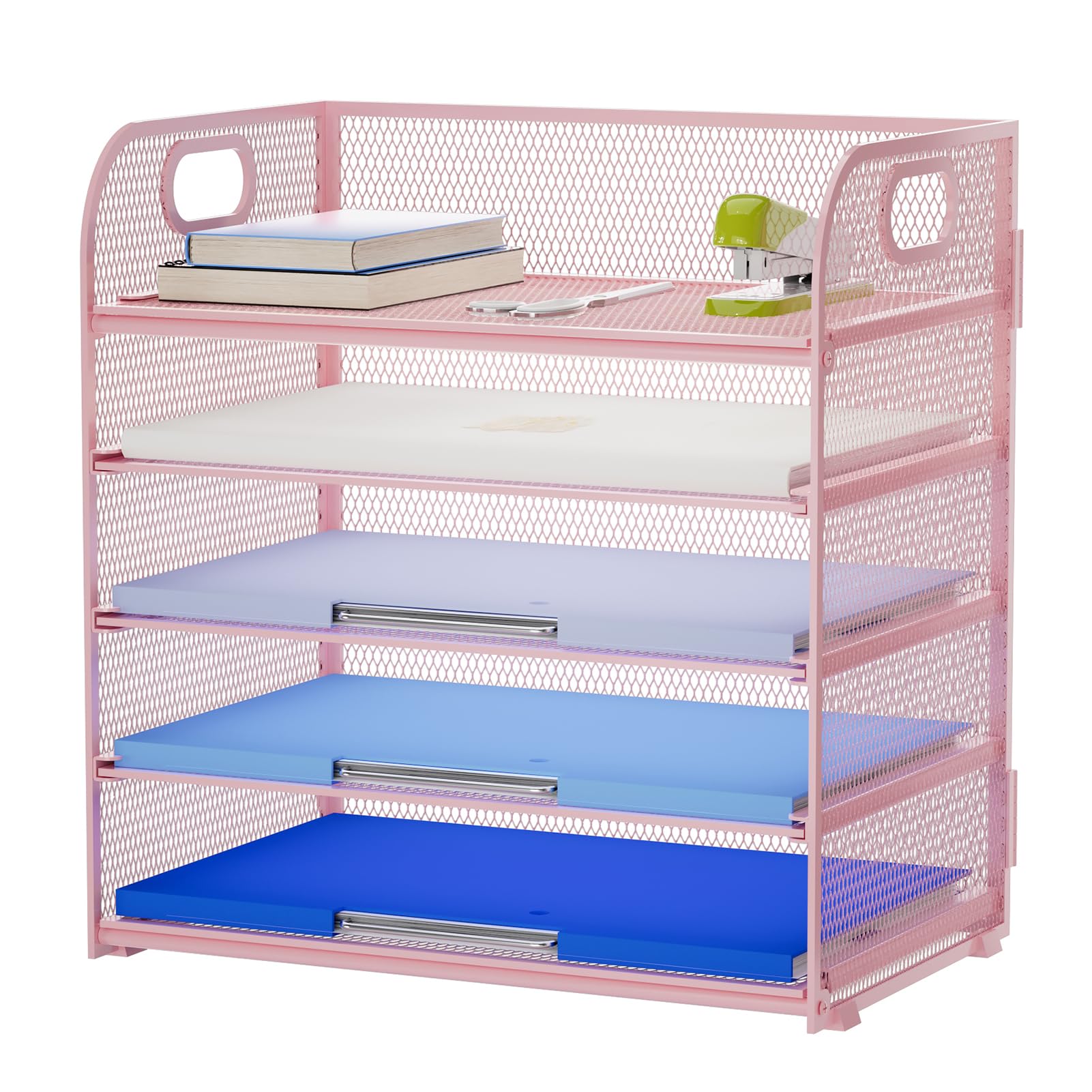 5-Tier Mesh Paper Organizer Letter Tray with Handle - Desk File Sorter for Home Office Supplies (Pink) | Perfect for Mail, Documents, Bills and Office Organization