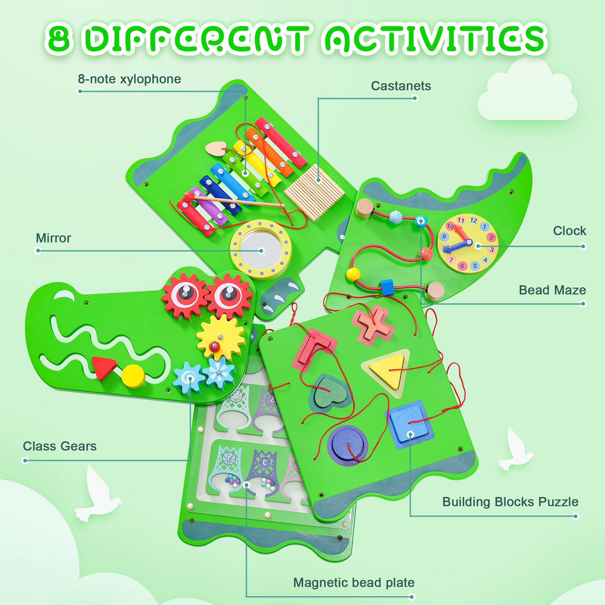 **Crocodile Sensory Toys Activity Wall Panels - Montessori Busy Board for Toddlers 18+ Months, Wooden Learning & Interactive Toys for Fine Motor Skills - Sensory Wall & Activity Cube for Daycare, Preschool, Home Play (Green)**