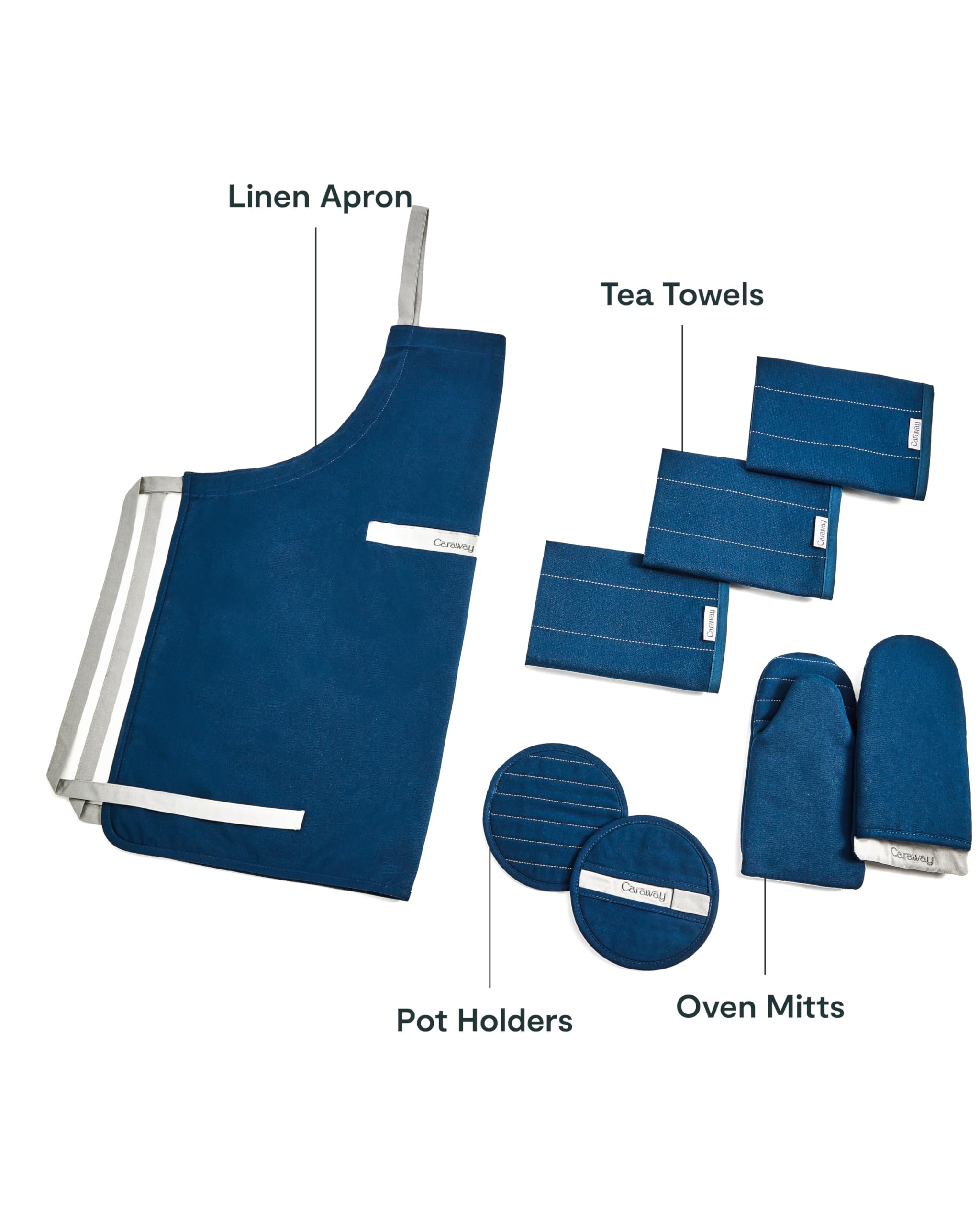 Organic Cotton Caraway Linen Set - Apron, Pot Holders, Oven Mitts & Tea Towels - 100% Natural Fabric - Durable & Machine Washable Kitchen Essentials for Cooking, Baking & Home Decor