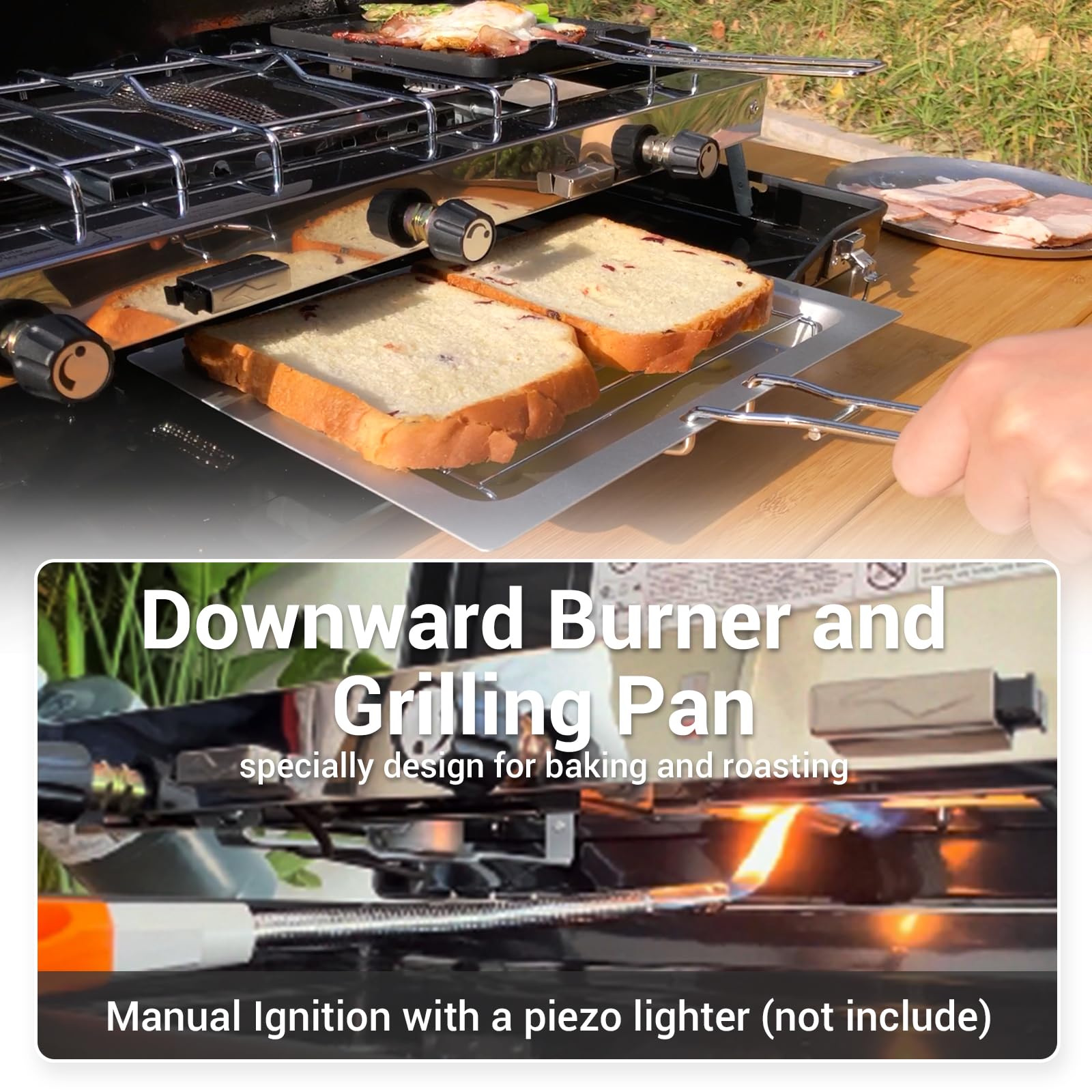 **3 Burner Camping Stove 20400 BTU - Portable Propane Stove with Regulator, Toast Tray & Windshield - Perfect for Car Camping, BBQ, Picnics & Outdoor Cooking**    *(Use Cases: Ideal for camping trips, tailgating, backyard cookouts, beach picnics, RV adventures, and emergency preparedness.)*
