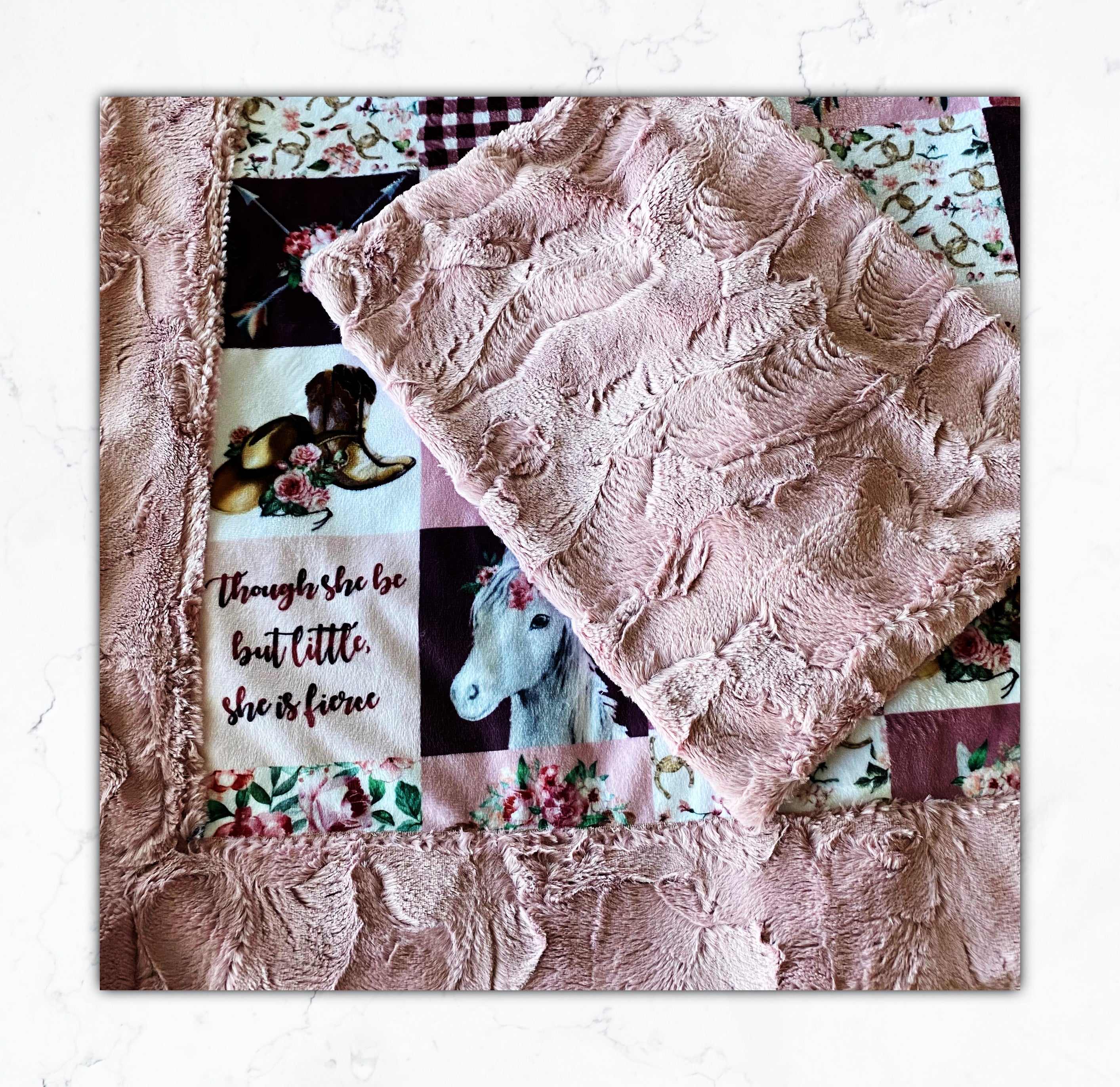 Soft Rosewater Minky Baby Blanket 37x39 Inches with Matching 13x18 Pillowcase - Cozy Cowgirl Themed Nursery Blanket for Cuddling, Swaddling & Photo Props