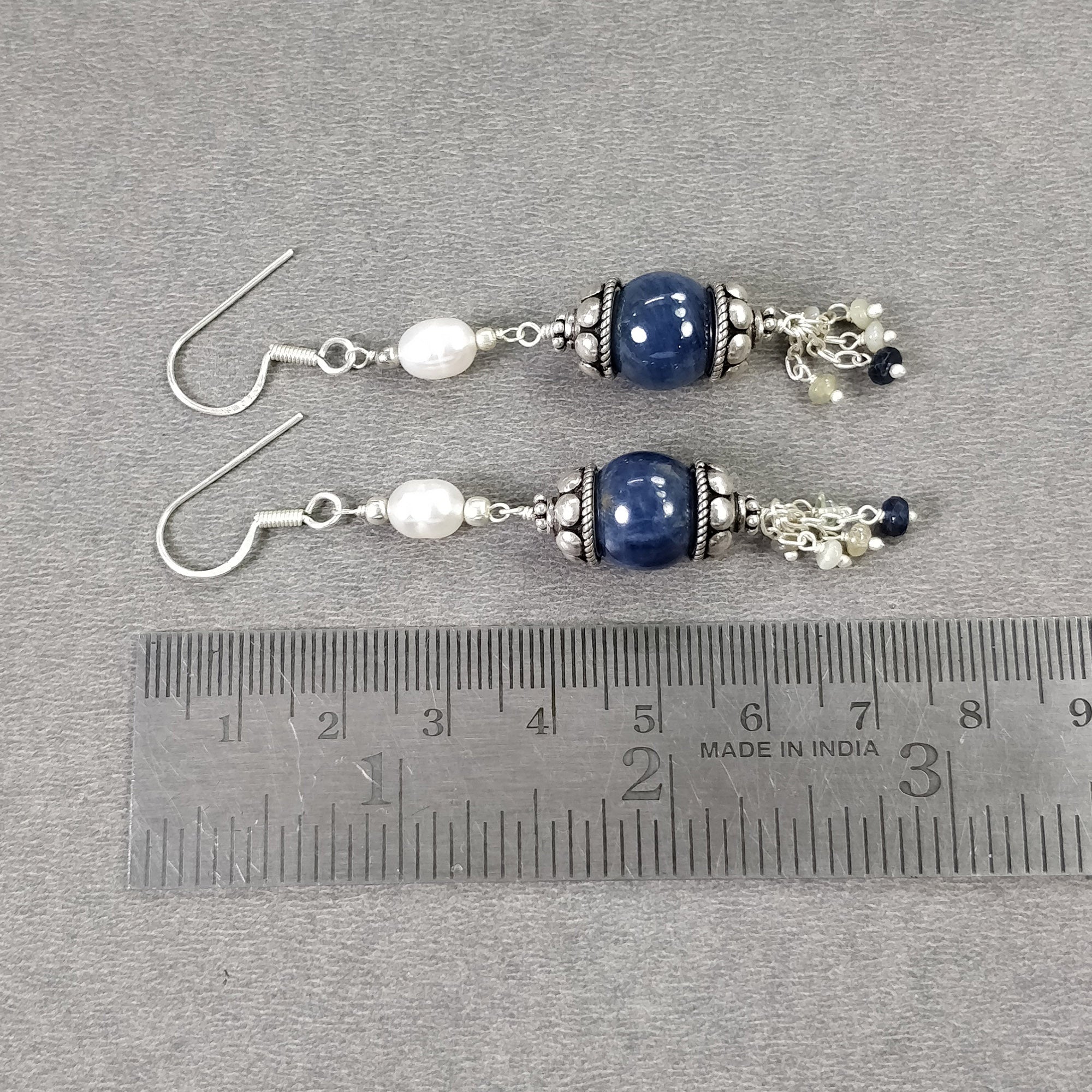 925 Sterling Silver Blue Sapphire Gemstone Beaded Earrings with Natural Pearl Drop - 13.28g Dangle Hook Earrings for Women | Perfect for Weddings, Parties & Special Occasions