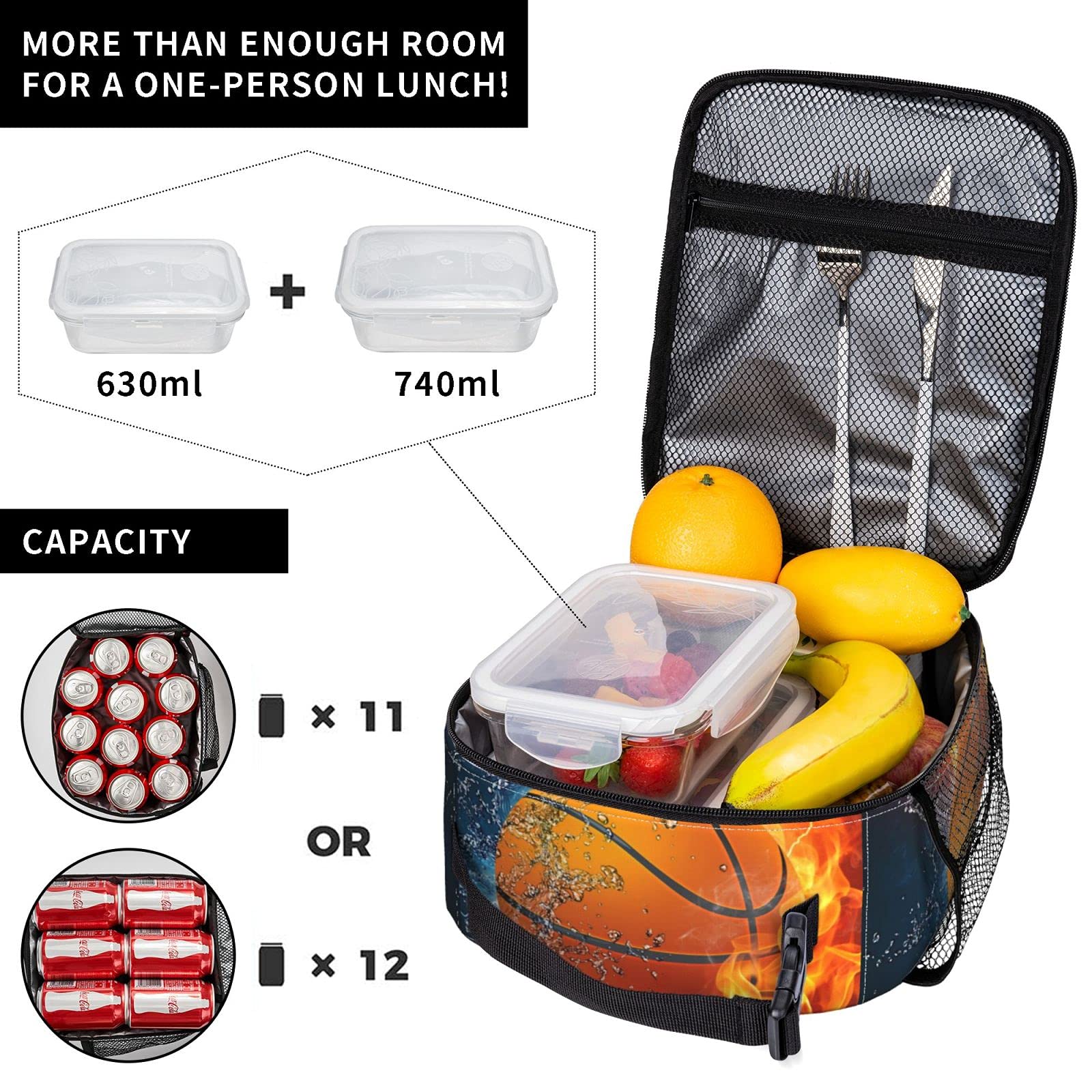 Insulated Fire and Water Basketball Lunch Box Cooler Tote with Adjustable Shoulder Strap - Leakproof Lunch Bag for School, Work, Gym & Outdoor Activities - Perfect for Boys, Girls, Men & Women