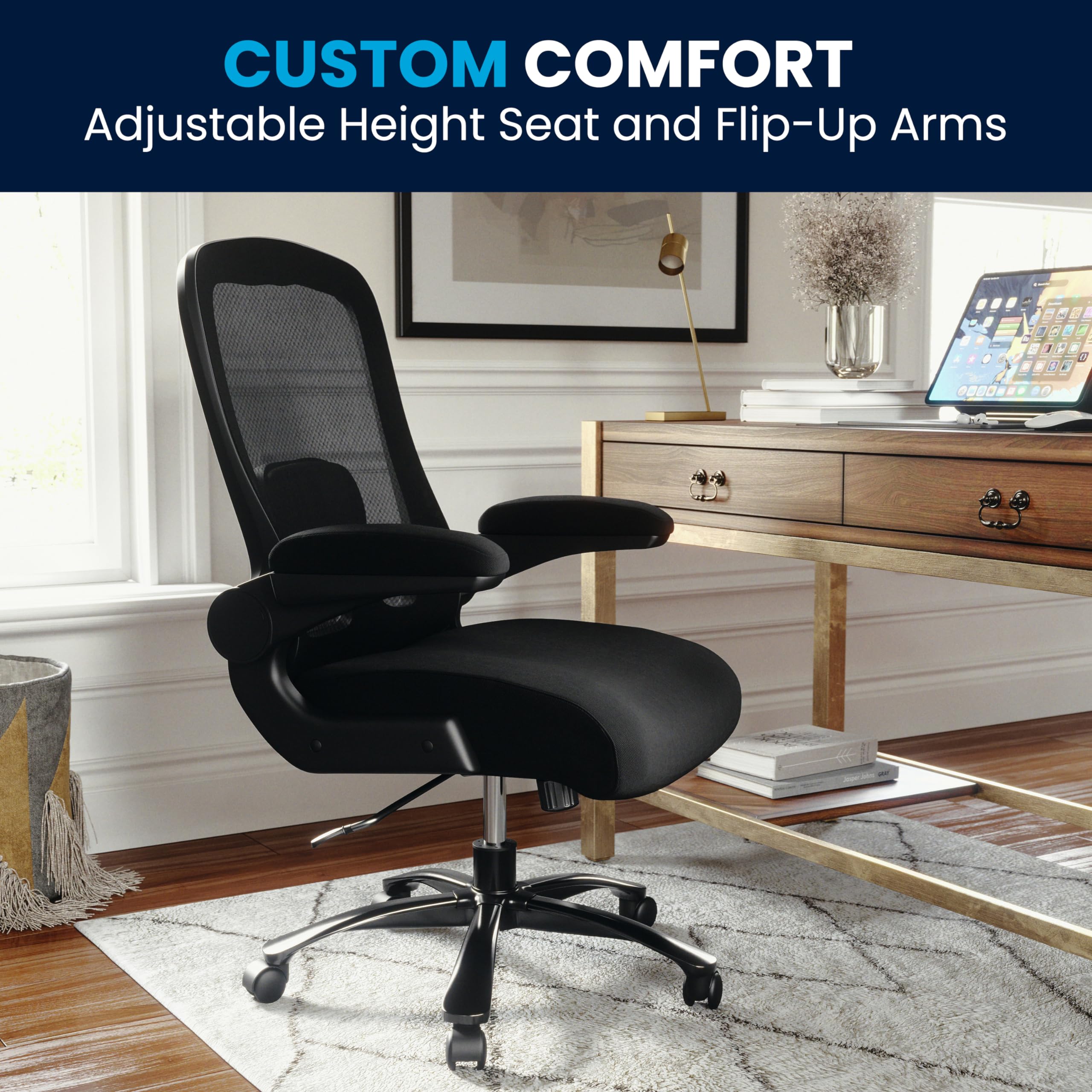 Flash Furniture Big & Tall Ergonomic Mesh Office & Gaming Chair with Lumbar Support, Adjustable Height & Flip-Up Armrests - Black - Perfect for Long Work Hours & Intense Gaming Sessions