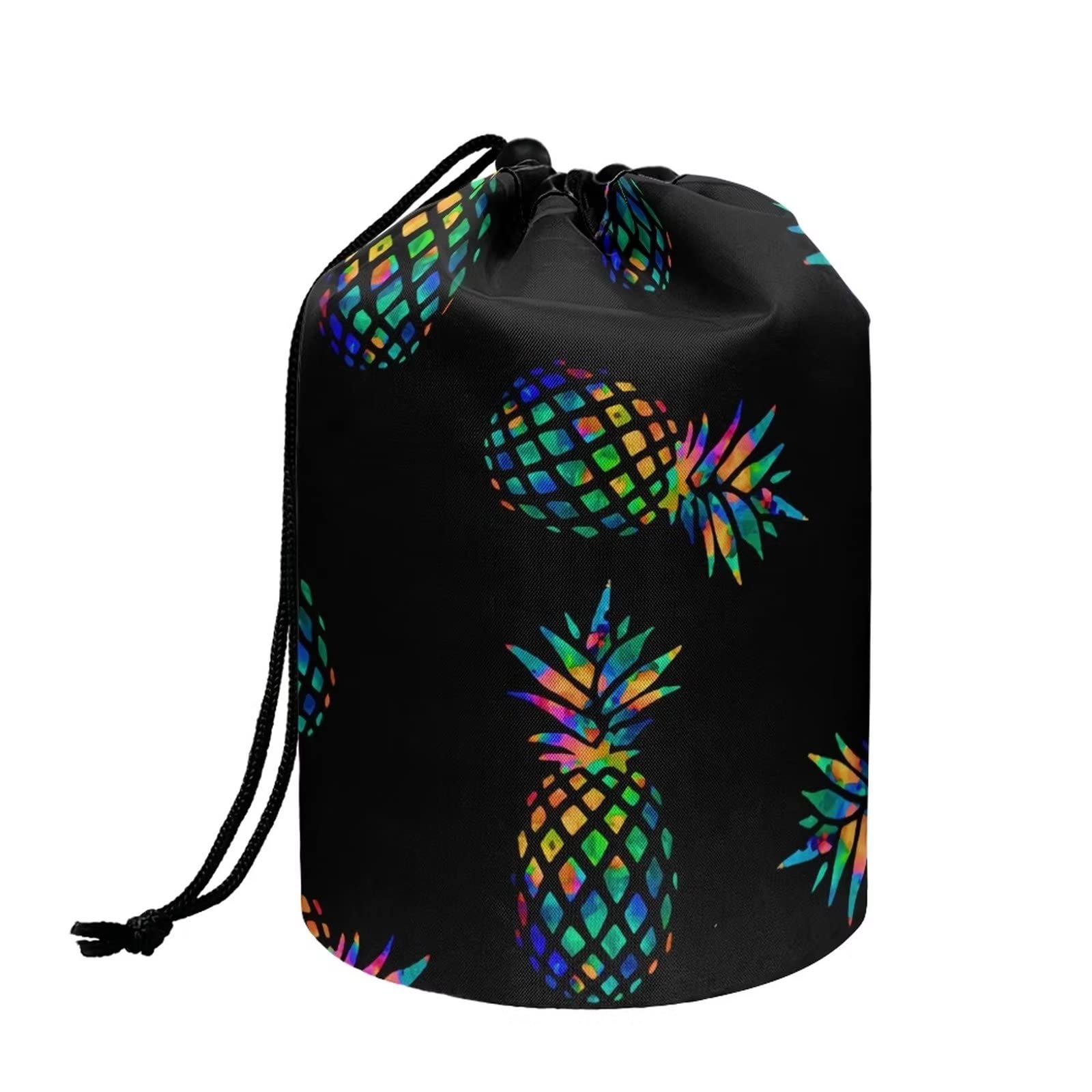SEANATIVE Pineapple Print Black Drawstring Travel Cosmetic Bag - Waterproof Toiletry Organizer for Women | Lightweight Makeup Pouch for Travel, Gym, Beach & Daily Use