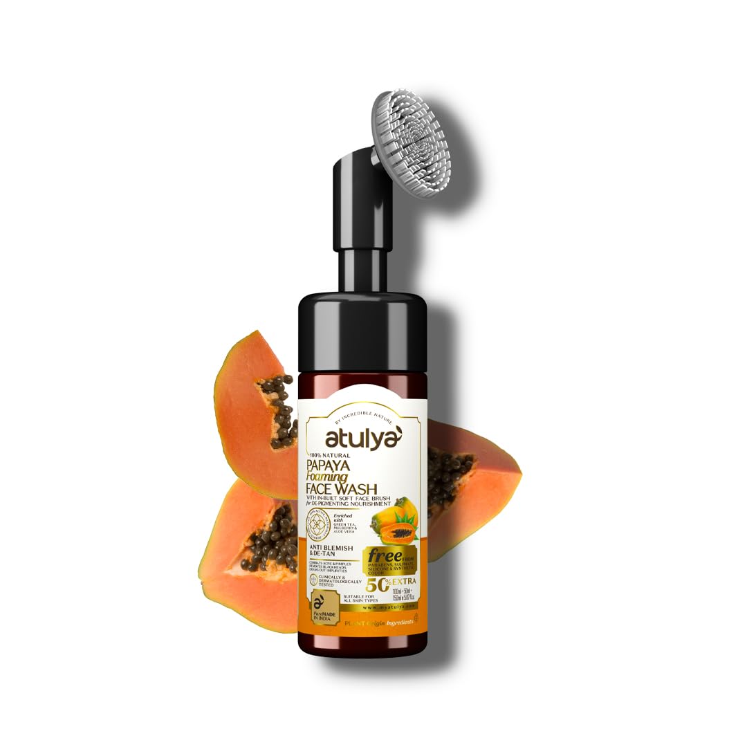 Atulya Papaya Foaming Face Wash with Soft Built-in Brush - Brightening & Blemish Reducing Cleanser for Glowing Skin (150ml) | Perfect for Daily Skincare Routine & Travel-Friendly Beauty Essential