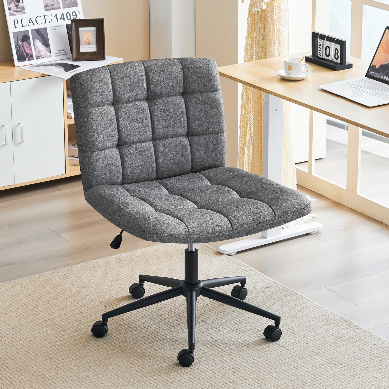 Furnimart Criss Cross Desk Chair with Wheels - 360° Swivel Wide Seat Cross Legged Office Chair with Thick Cushion, Armless Home Office Chair for Bedroom, Vanity & Study - Sturdy & Comfortable (Linen Gray) - Perfect for Small Spaces, Gaming & Remote Work
