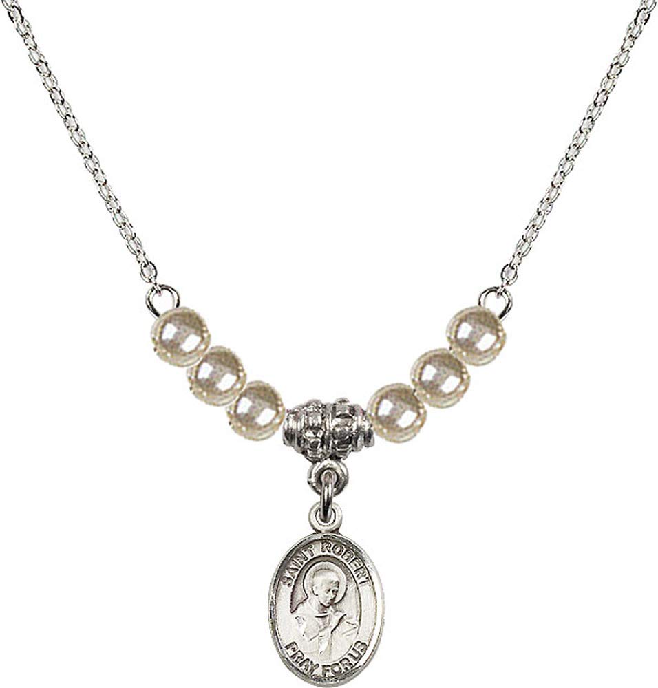 18-Inch Rhodium Plated Necklace with 4mm Faux-Pearl Beads & St. Robert Bellarmine Charm - Patron Saint of Catechists - Elegant Religious Jewelry Gift for Baptism, First Communion & Confirmation