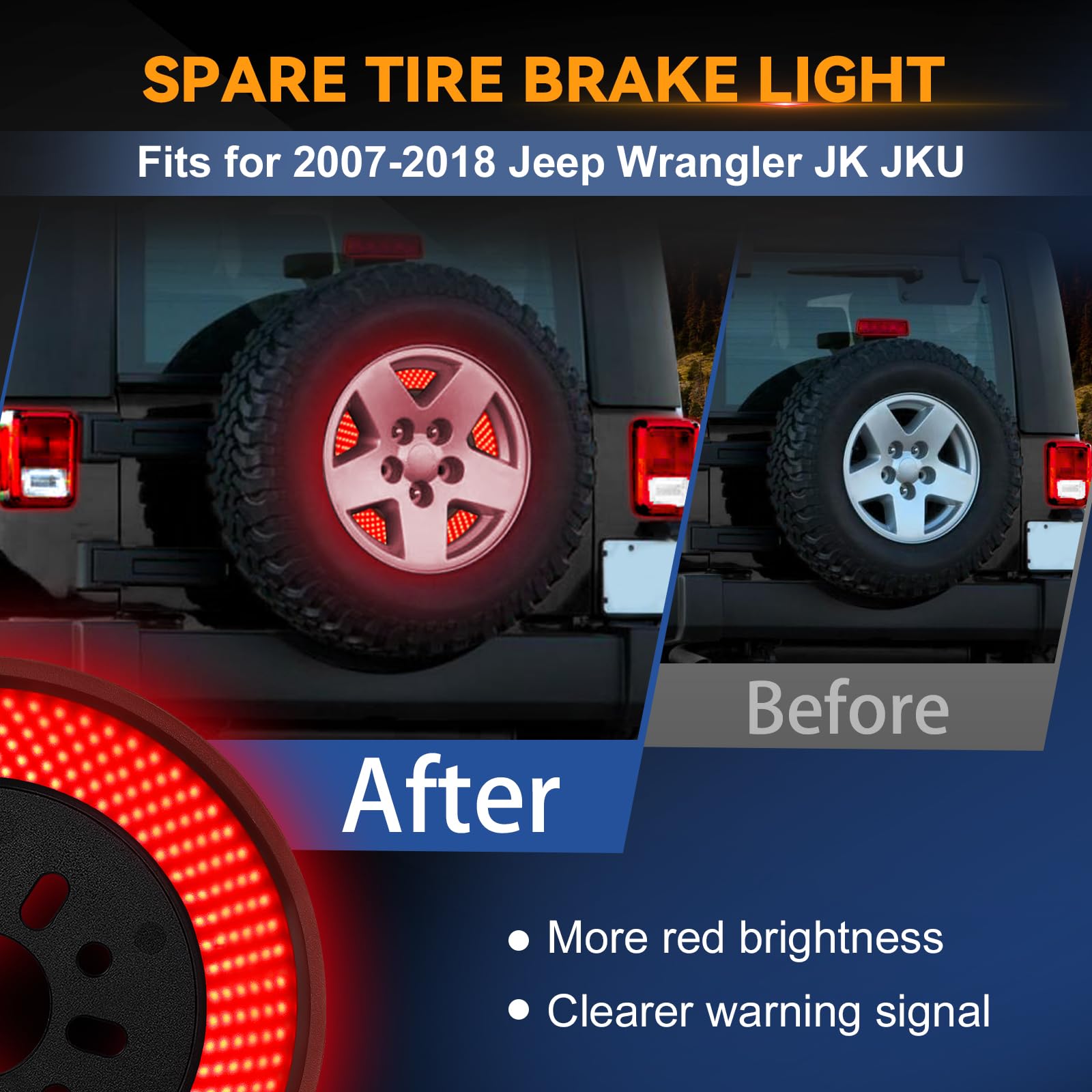 6 Ring 405PCS LED Spare Tire Brake Light for 2007-2018 Jeep Wrangler JK JKU YJ TJ - Plug-N-Play 3rd Brake Light, Red Rear Tail Light Accessories - Perfect for Off-Roading & Night Driving Safety
