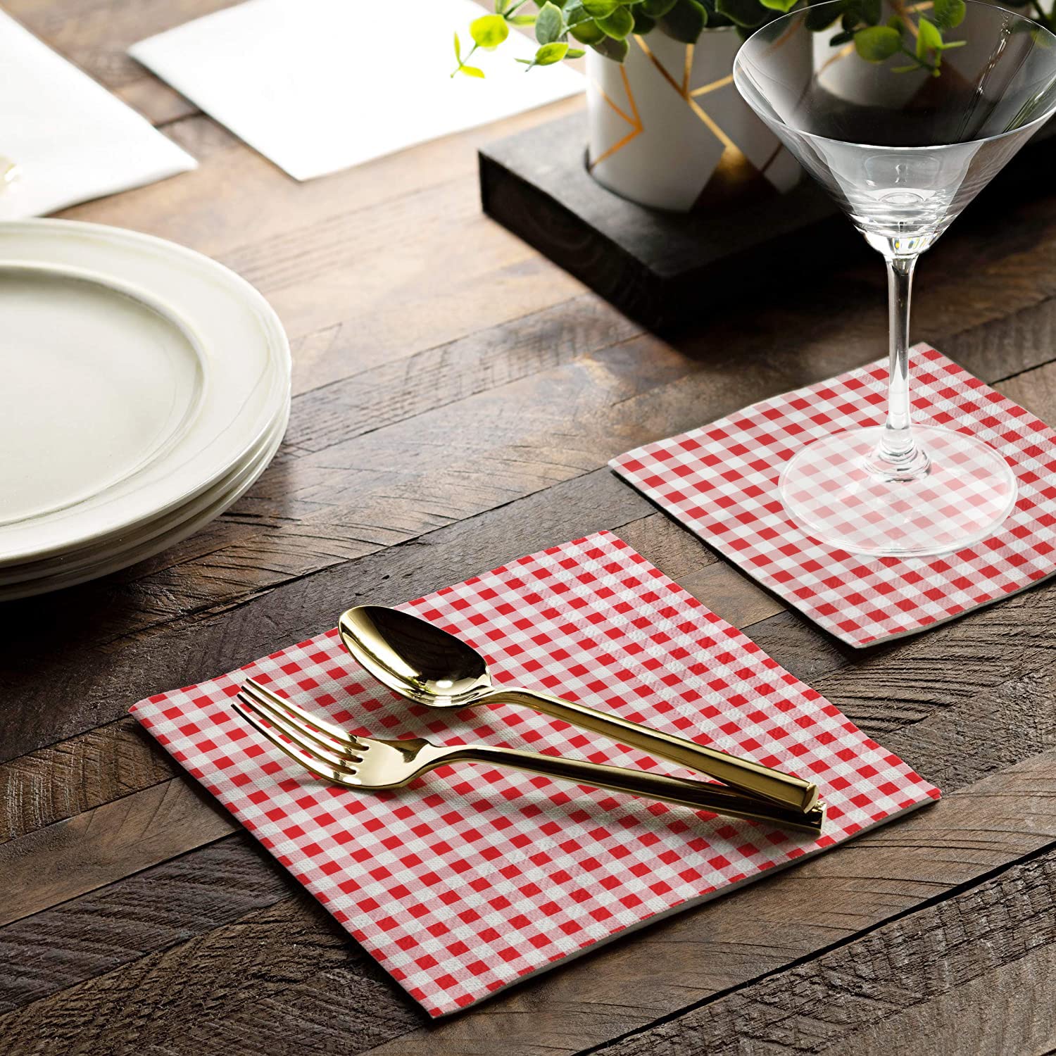 Gatherfun 3-Ply Disposable Cocktail Napkins - 80 Count Red & White Gingham Beverage Napkins for Restaurant, Bar, Picnic, Birthday Party - Perfect for Drinks, Appetizers & Casual Dining