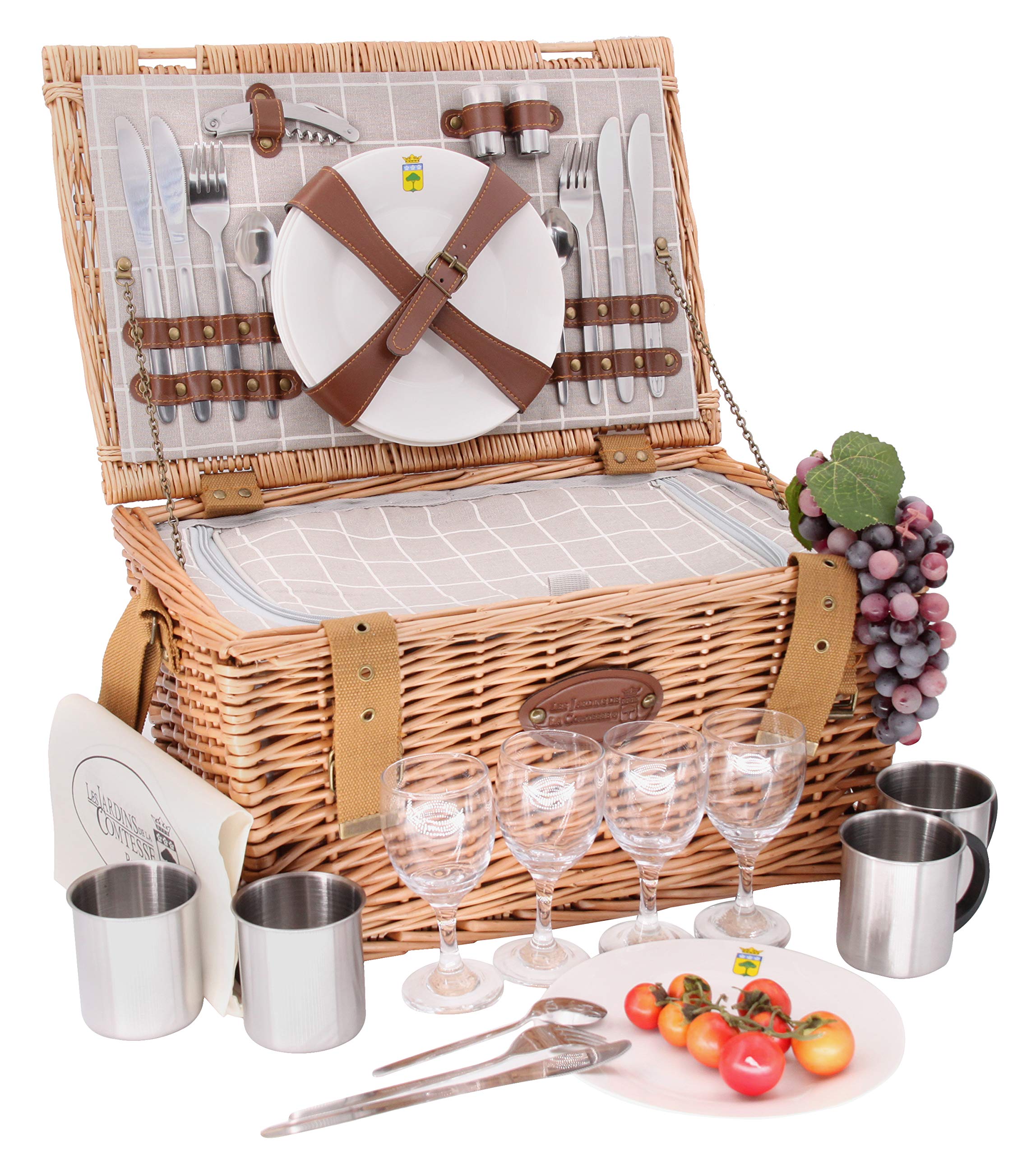Les Jardins de la Comtesse - Concorde Wicker Picnic Basket for 4 People with Thermal Cooler, Plates, Wine Glasses & Aluminum Bowls - White & Gray Fabric - 47 x 31 x 24 cm - Perfect for Outdoor Picnics, Beach Trips & Romantic Getaways