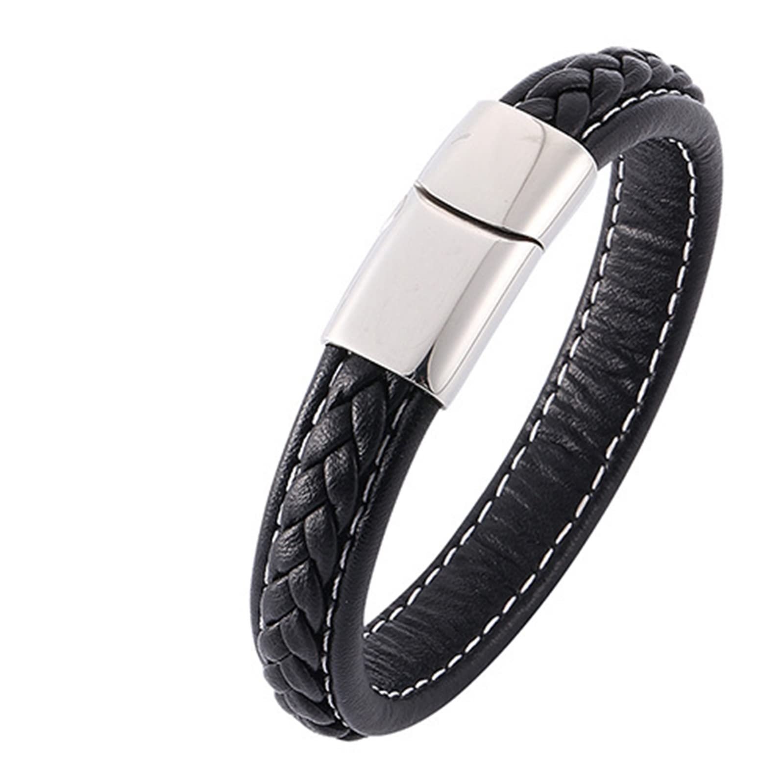 Men's Leather & Silver Bracelet - Stylish Stainless Steel Wristband for Casual Wear