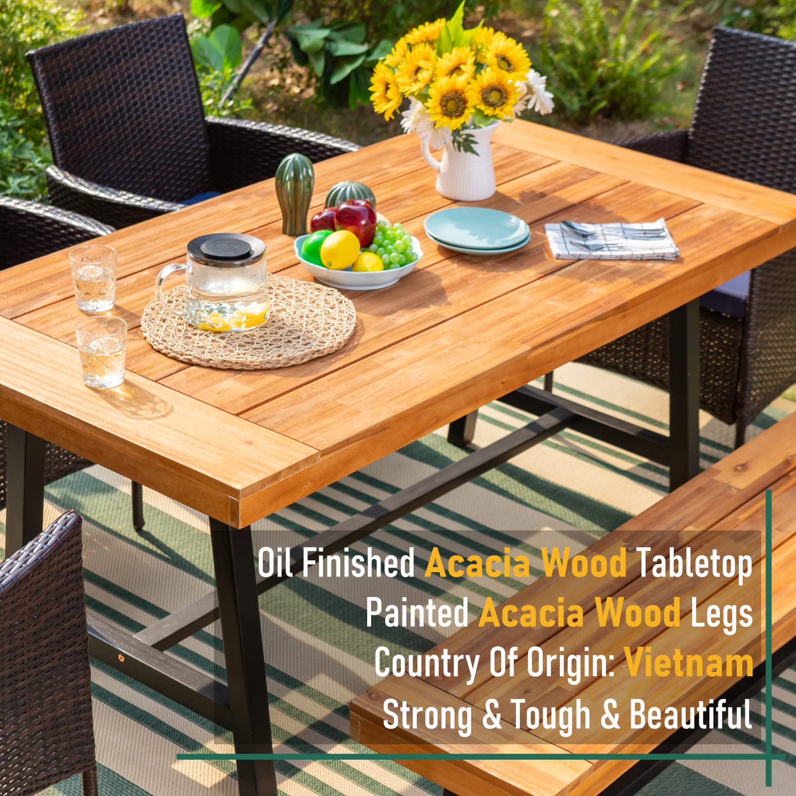 Sophia & William 6-Piece Outdoor Dining Set - 4 PE Rattan Chairs, 1 Acacia Wood Table & Bench with Cushions - Patio Furniture for Porch, Yard, Deck & Garden Entertaining
