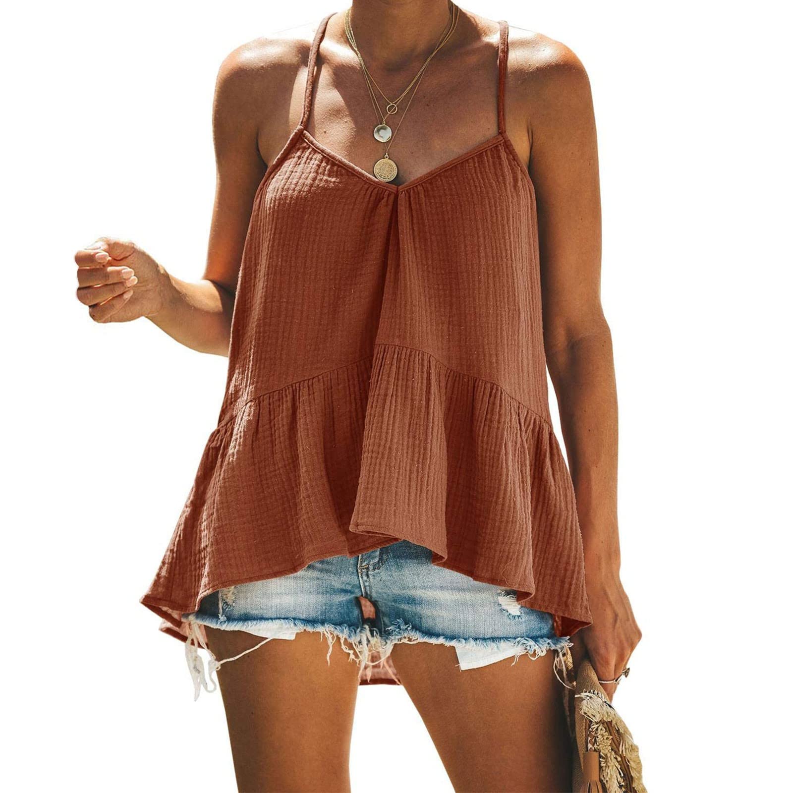 Women's Spaghetti Strap Tank Tops - Summer Trendy Elegant Solid Babydoll Shirt & Flowy Pleated Cami Top for Leggings | Perfect for Casual Outings, Beach Wear and Layering