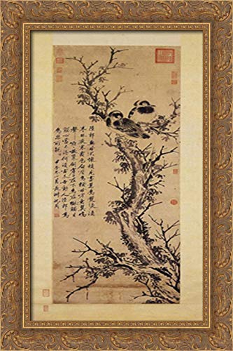 16x24 Gold Ornate Wood Framed Canvas Art - Two Crows in a Tree Painting by Shen Zhou - Perfect for Living Room, Bedroom, or Office Wall Decor