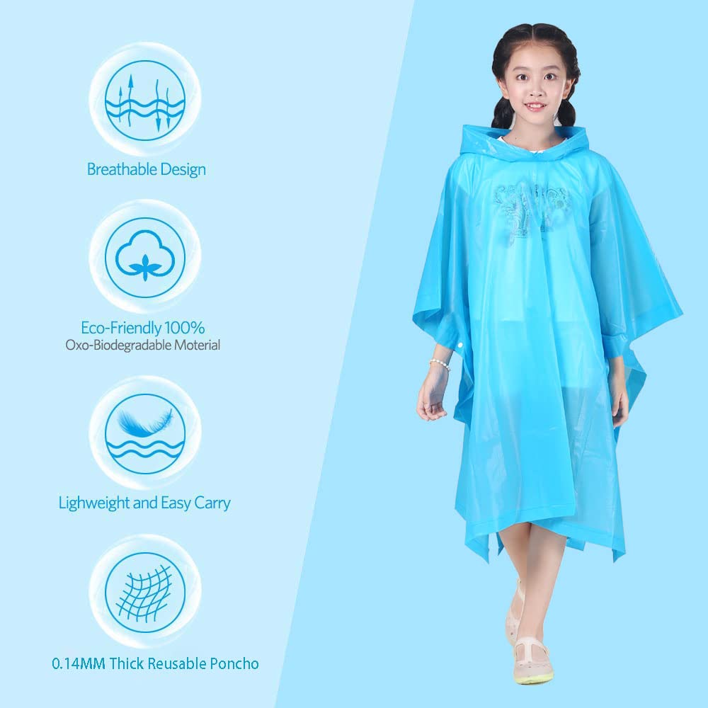 HLKZONE Kids Rain Poncho 2 Pack - Reusable EVA Waterproof Raincoat for Boys & Girls Ages 6-13 - Lightweight Hooded Rain Jacket for Outdoor Play, Camping & School