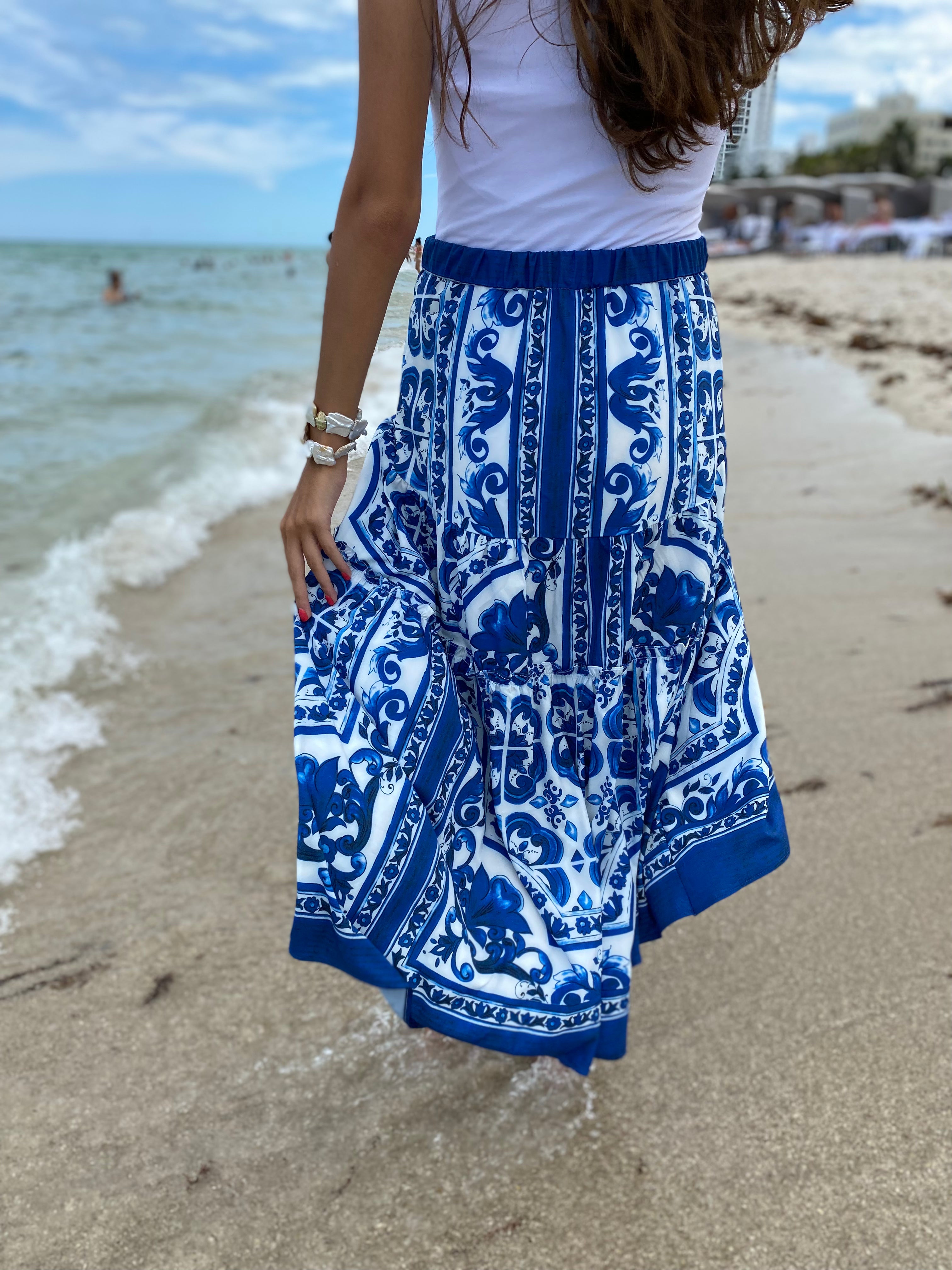 Stylish Blue and White Printed Skirt for Women - Floral Summer Skirt for Casual Outings, Beach Vacations & Date Nights