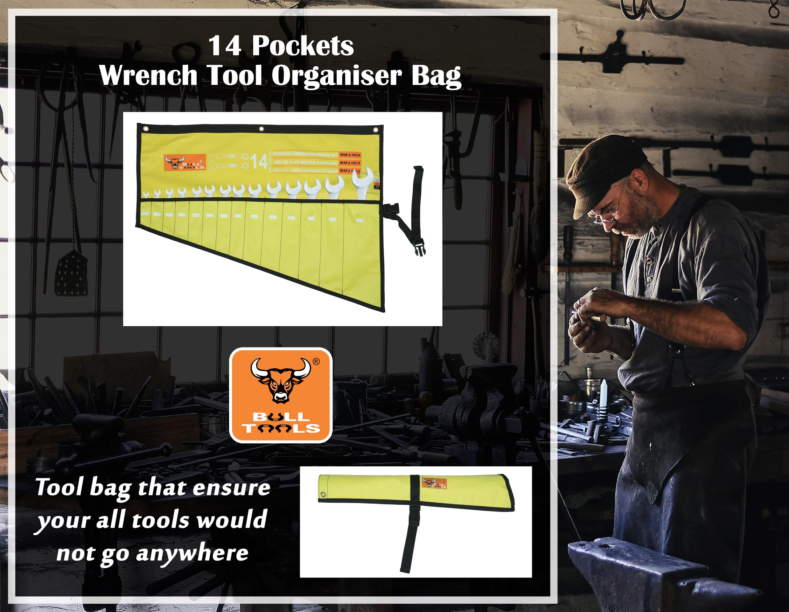 Heavy-Duty Roll-Up Tool Bag - 14 Pocket Wrench Organizer | Waterproof Canvas Pouch for Mechanics & DIYers | Workshop & Job Site Use