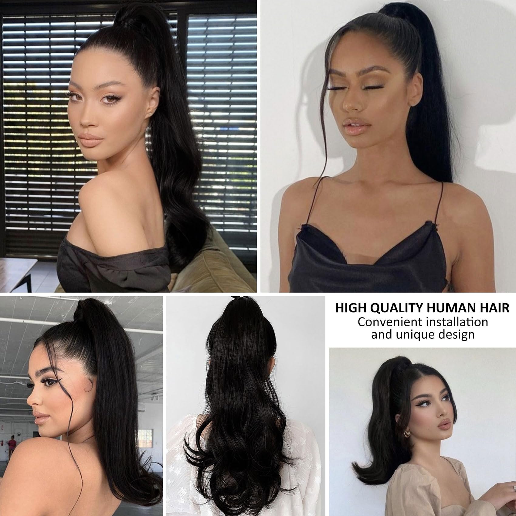 Caliee 100% Real Human Hair Extensions - 18Inch Jet Black Wrap Around Ponytail with Comb (80G) | Clip-in Hairpiece for Women | Perfect for Parties, Weddings & Daily Styling