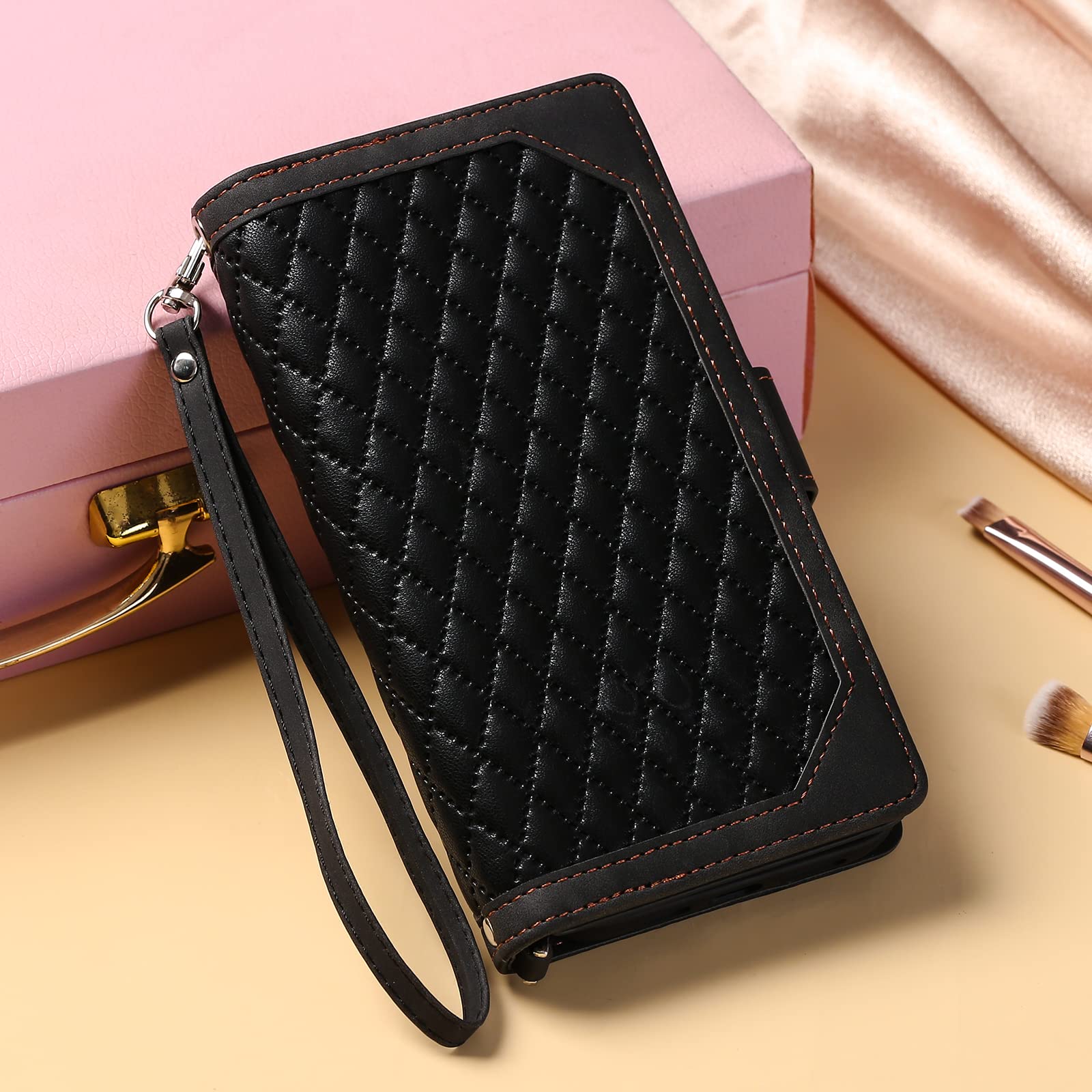 Luxury Quilted PU Leather Wallet Case for Samsung Galaxy A53 5G - RFID Blocking Card Slots, Magnetic Zipper Closure, Wrist Strap & Kickstand - Shockproof Flip Cover for Women (Black) - Perfect for Travel, Shopping & Daily Use