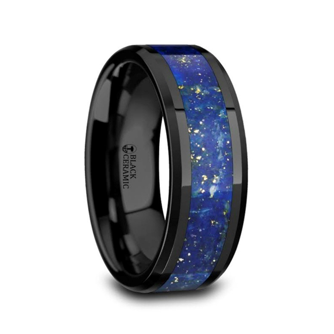 Marlow Men's 8mm Polished Black Ceramic Wedding Band Ring with Blue Lapis Inlay & Beveled Edges - Durable Comfort Fit Ring for Men, Perfect for Weddings, Anniversaries, and Everyday Wear