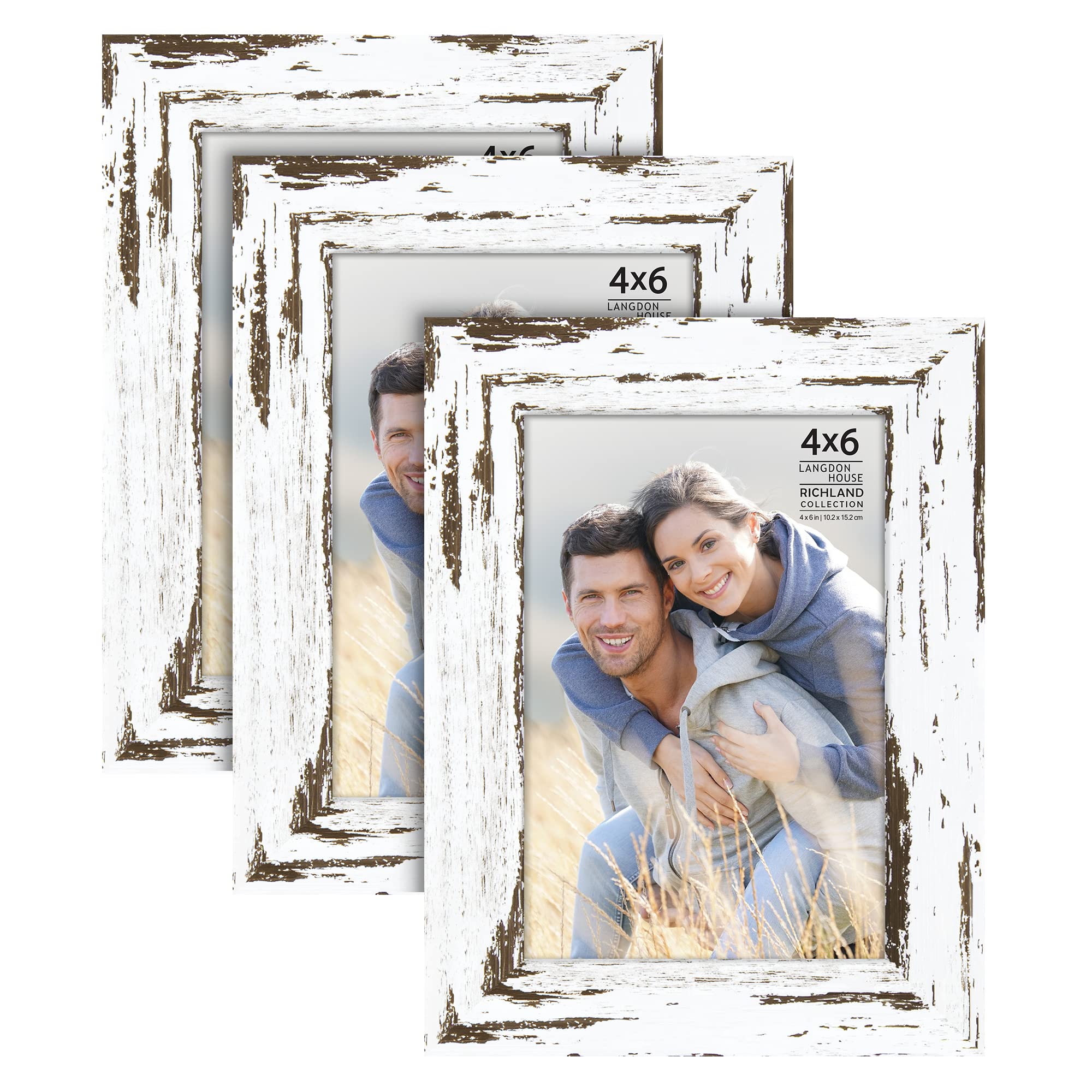Langdon House 4x6 Picture Frames - Distressed White Farmhouse Style Photo Frames (3 Pack) - Perfect for Wall Gallery, Home Decor & Rustic Wedding Displays