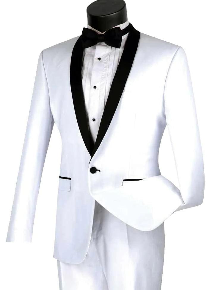 Elegant White Slim Fit Tuxedo Suit with Black Shawl Lapel & Matching White Pants | Perfect for Weddings, Prom, Black Tie Events & Formal Occasions