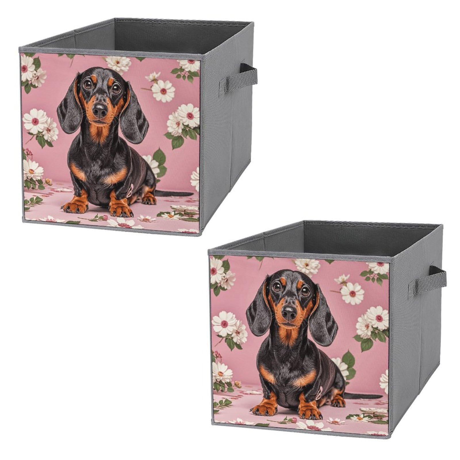 Dachshund Floral Pattern Collapsible Storage Bins with Handles - 2 Pack Large Capacity Closet Organizer for Home, Office & Dorm | Perfect for Clothes, Toys & Seasonal Decor Storage