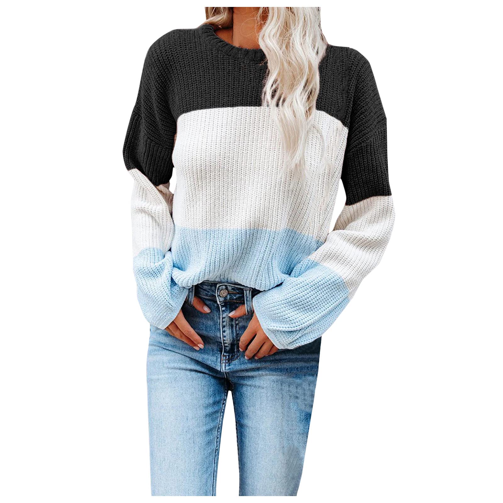 Fankle Women's Color Block Waffle Knit Pullover Sweater - Long Sleeve Casual Jumper Top for Fall & Winter | Cozy Office Wear, Weekend Outfits, Layering Essential