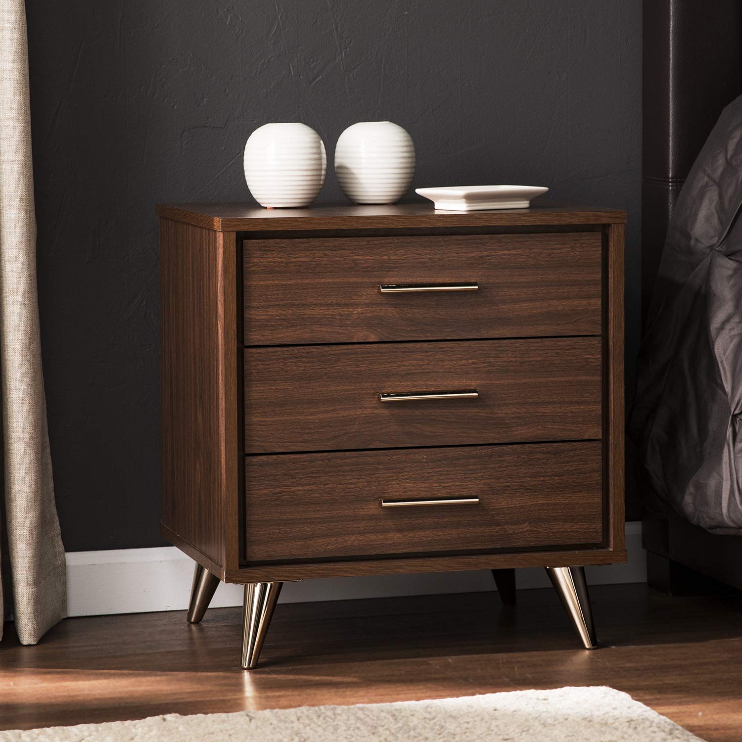 SEI Furniture Oren Bedside Table with Drawers - Brown Wood Nightstand for Bedroom, Living Room, or Office - Compact Storage End Table with Drawer Space