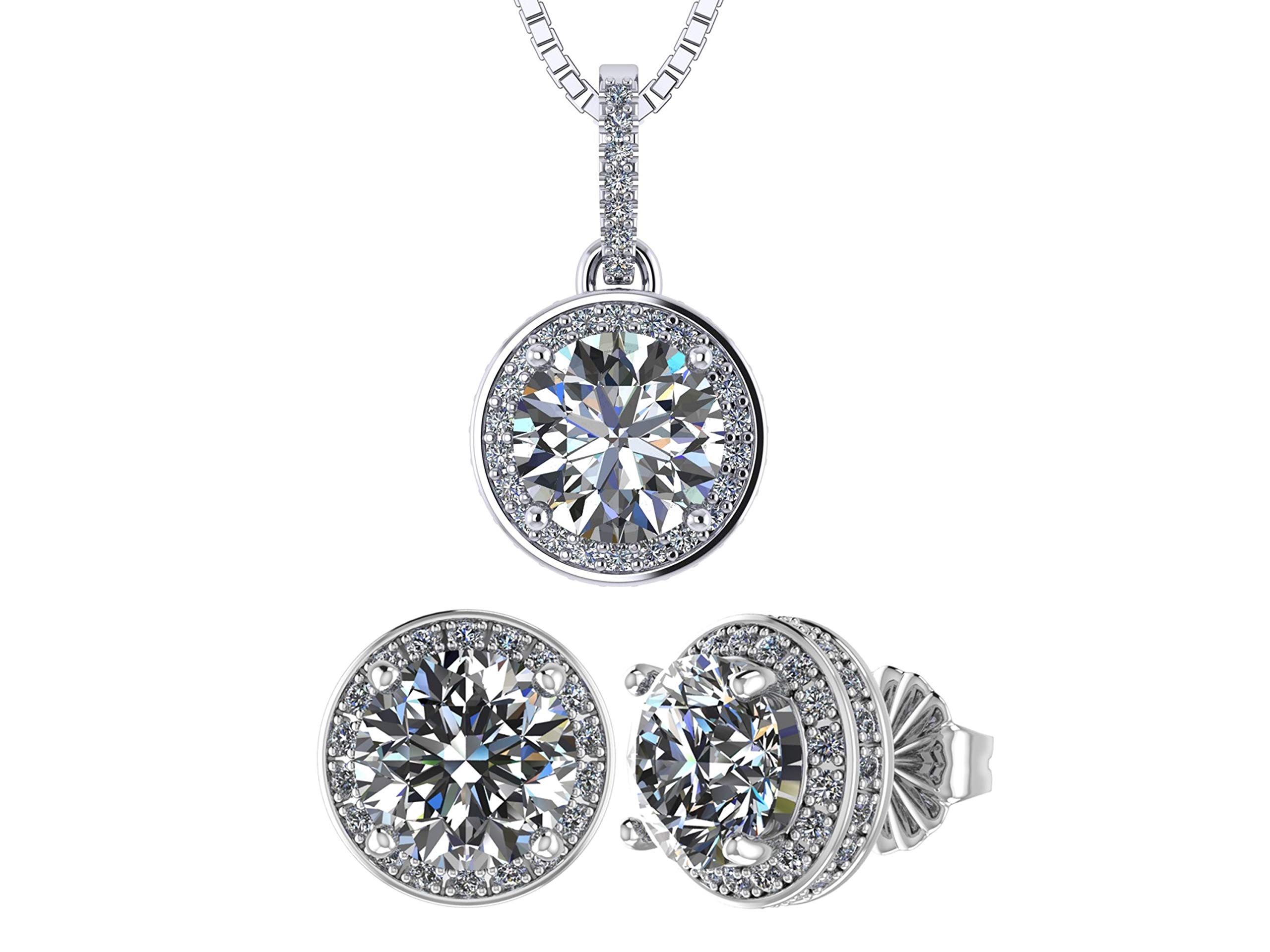 Central Diamond Round Halo Stud Earrings & Pendant Necklace Set with 6.5mm Simulated Birthstones in 925 Sterling Silver, Hypoallergenic Jewelry for Women - Perfect Gift for Birthday, Anniversary & Special Occasions