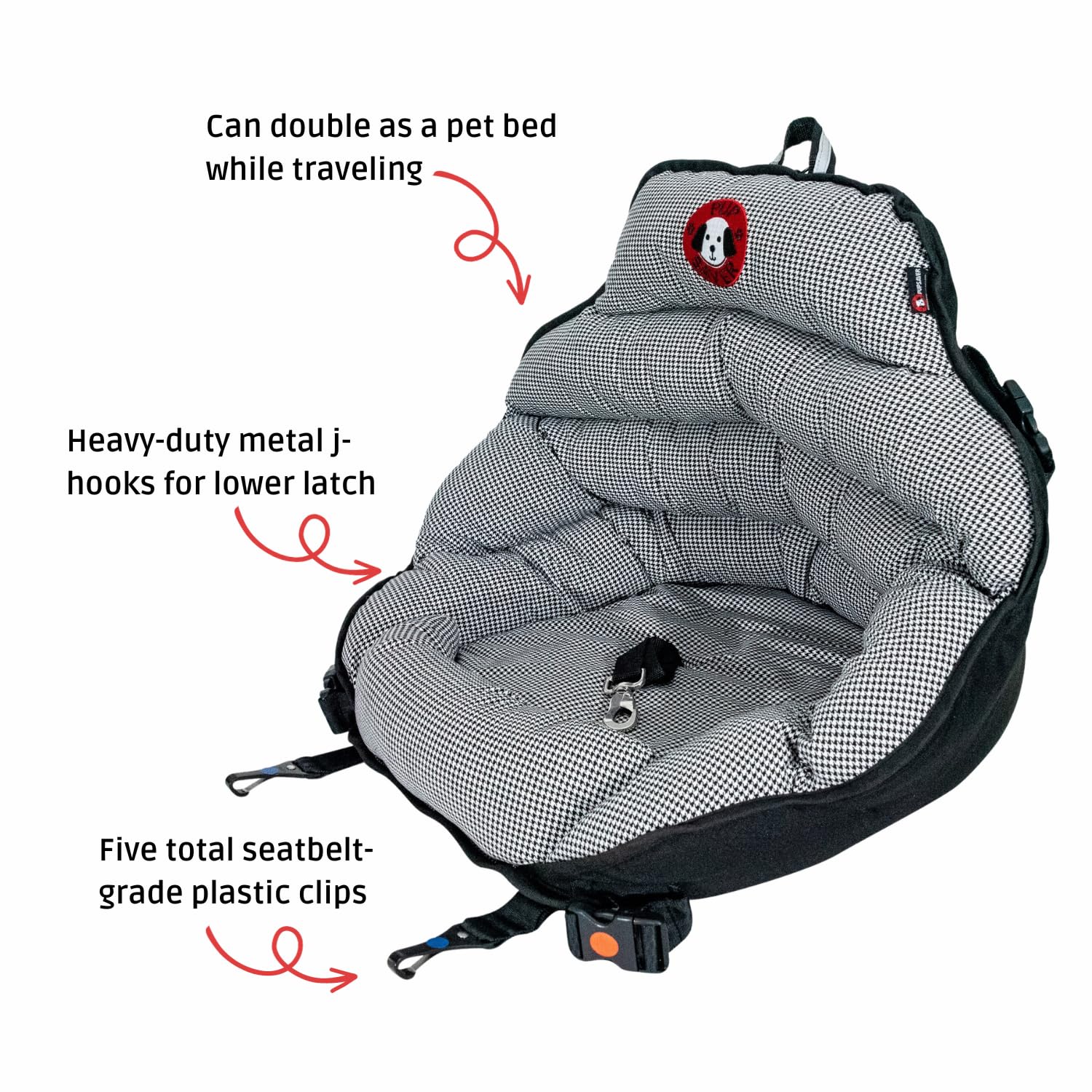 PupSaver Dog Car Seat for Small & Medium Dogs | Travel Booster Pet Seat with Safety Harness | Crash-Tested Car Bed for Pets | Fits Dogs Up to 30lbs | Black, White & Houndstooth Colors | Perfect for Road Trips & Daily Commutes
