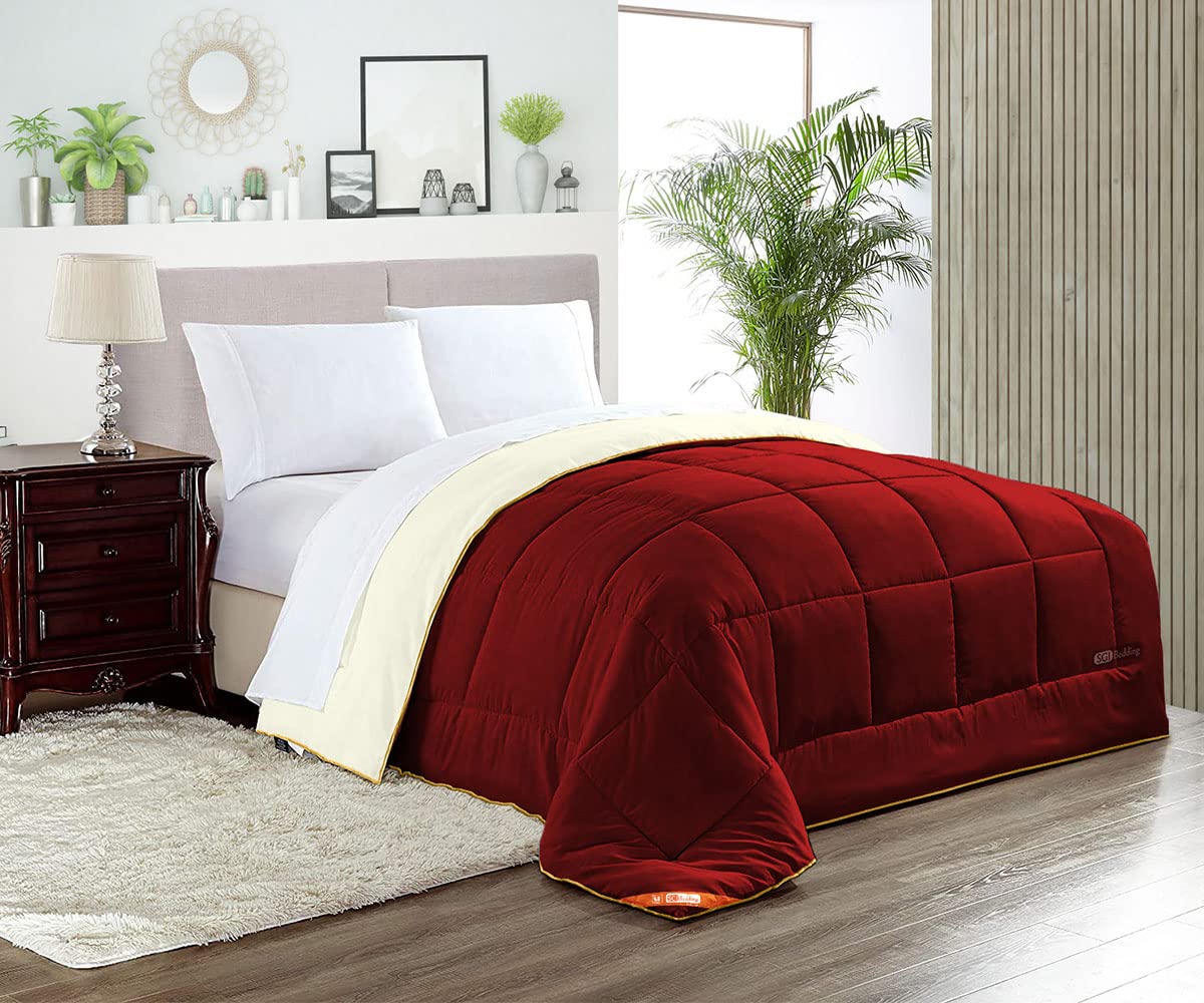 SGI Down Alternative Super King Comforter - 300 GSM Plush Siliconized Fiberfill, 600 TC Egyptian Cotton, Box Stitched Quilted Design with Golden Piping | Ivory & Burgundy | Luxurious Bedding for All Seasons, Perfect for Master Bedroom, Guest Room, or Hotel Use