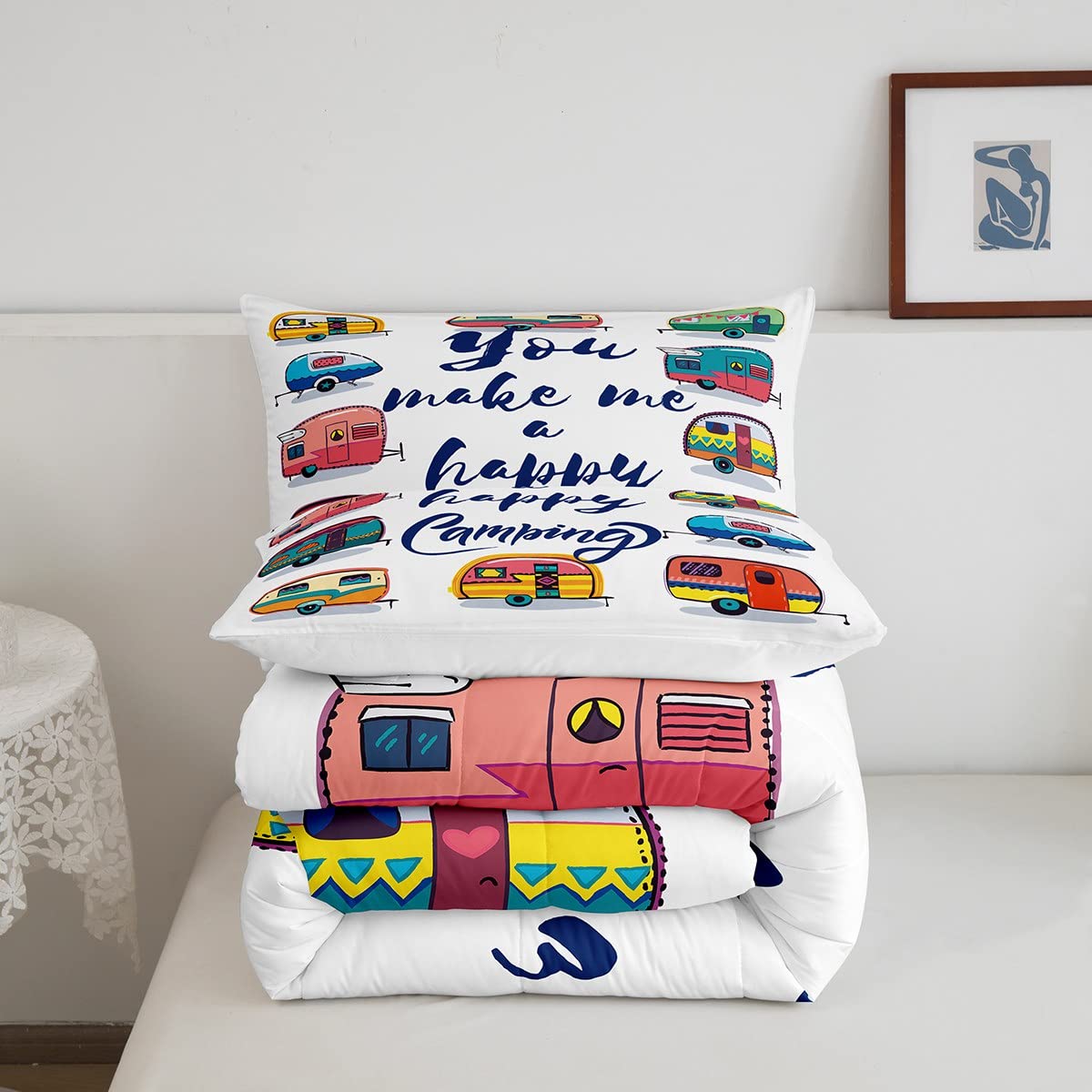 Happy Camping Twin Comforter Set - Retro Travel Themed Quilted Bedding for Kids, RV, Trailers & Caravans | Cozy Down Alternative Comforter with 2 Pillowcases | Perfect for Camping Trips & Road Adventures
